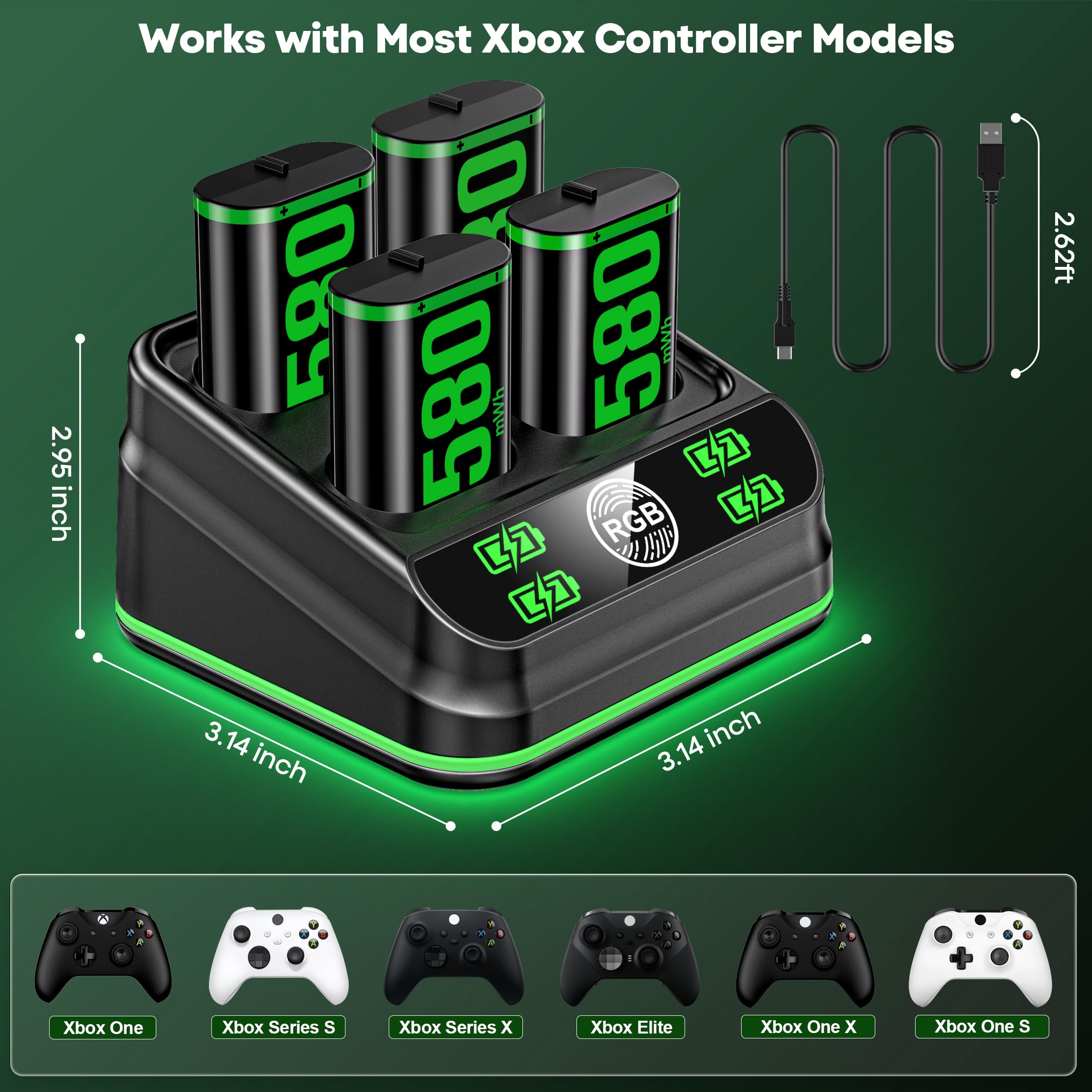 Chargeur avec Batterie Rechargeable 4x5580mWh pour Xbox One/Xbox Series X|S, Batterie de Manette Xbox Series avec Station de Charge LED pour Xbox One/One S/One X/Elite, Kit d'accessoires Xbox