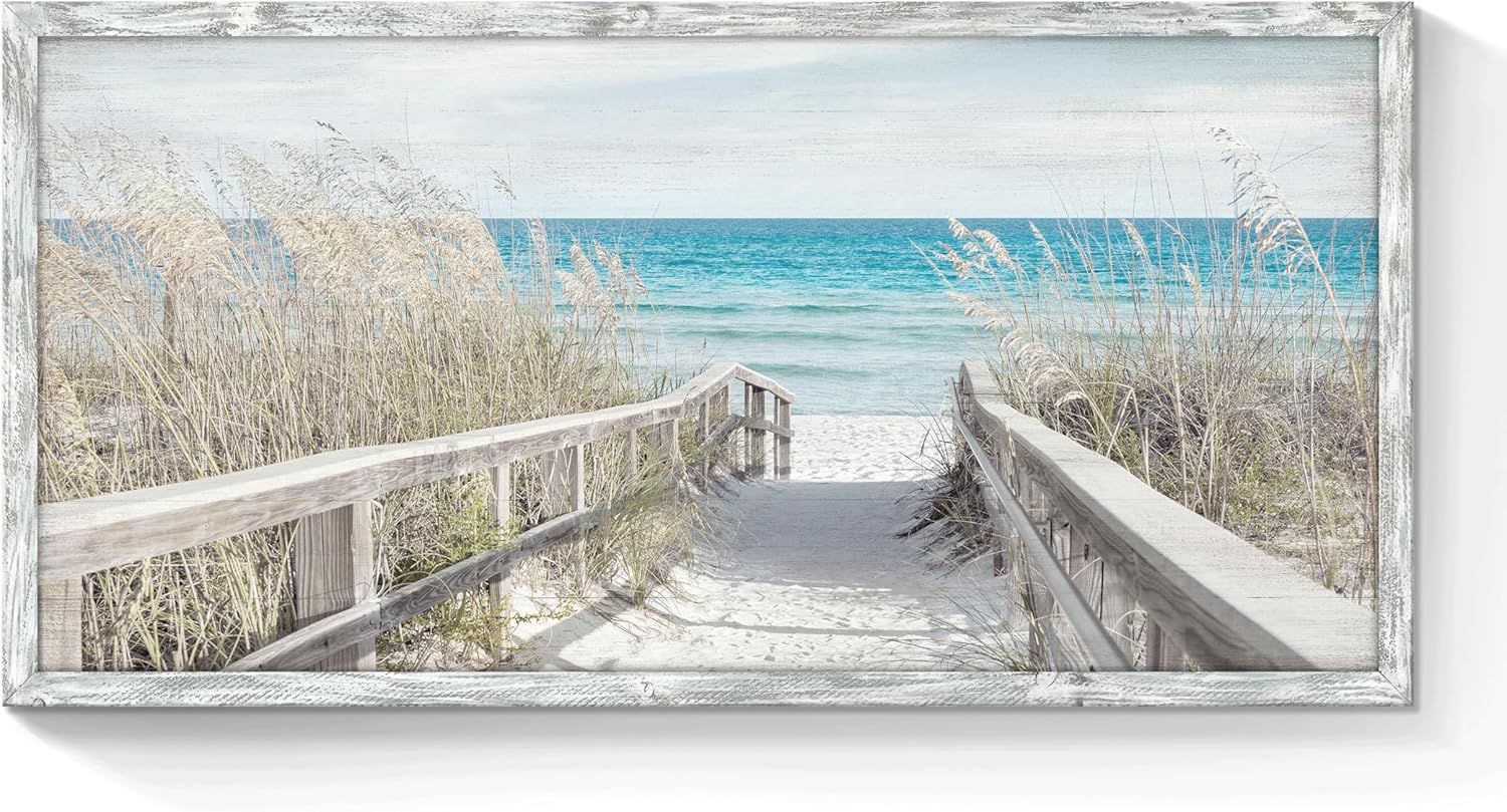 Coastal Beach Framed Wall Art: Rustic Ocean Landscape Picture Modern Seascape Painting Seaside Boardwalk Artwork Prints Decor for Bathroom