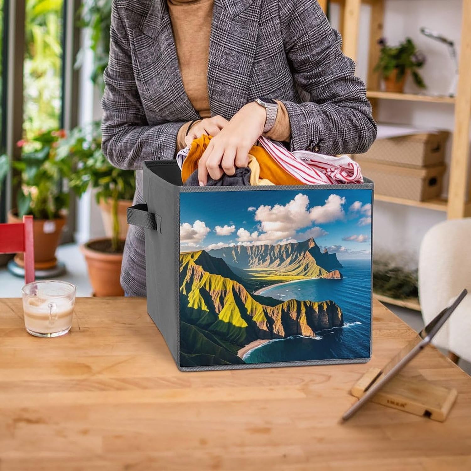 Seaside Mountain Skyline Foldable Storage Box with Handles, Durable Oxford Storage Cubes, 2PCS Collapsible Closet Organizer for Home, Shelf, Office, Travel