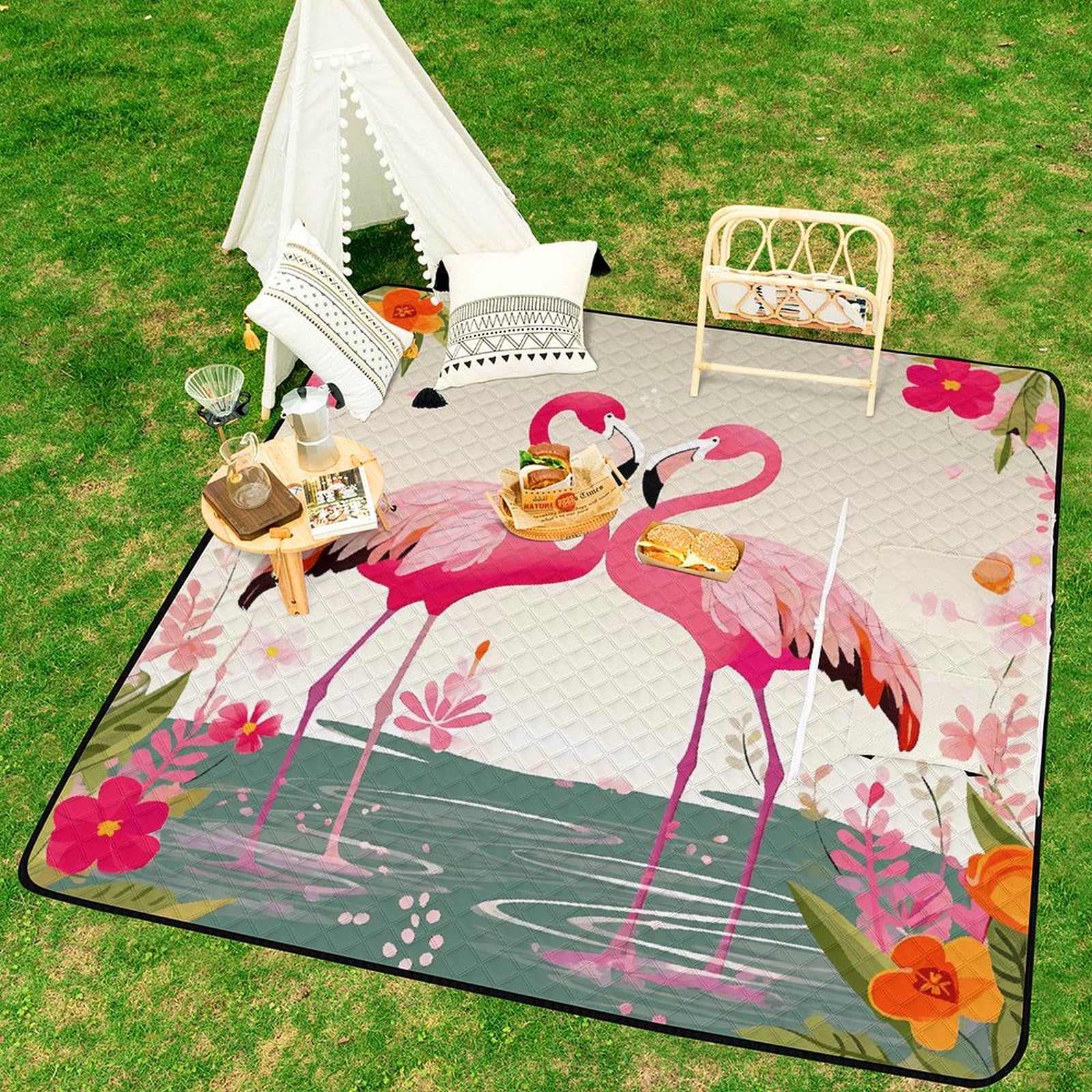 Tapis de pique-nique convertible à fermeture éclair avec motif flamants roses et fleurs - Couverture d'extérieur imperméable et isolante avec sac fourre-tout, pliable pour camping, plage