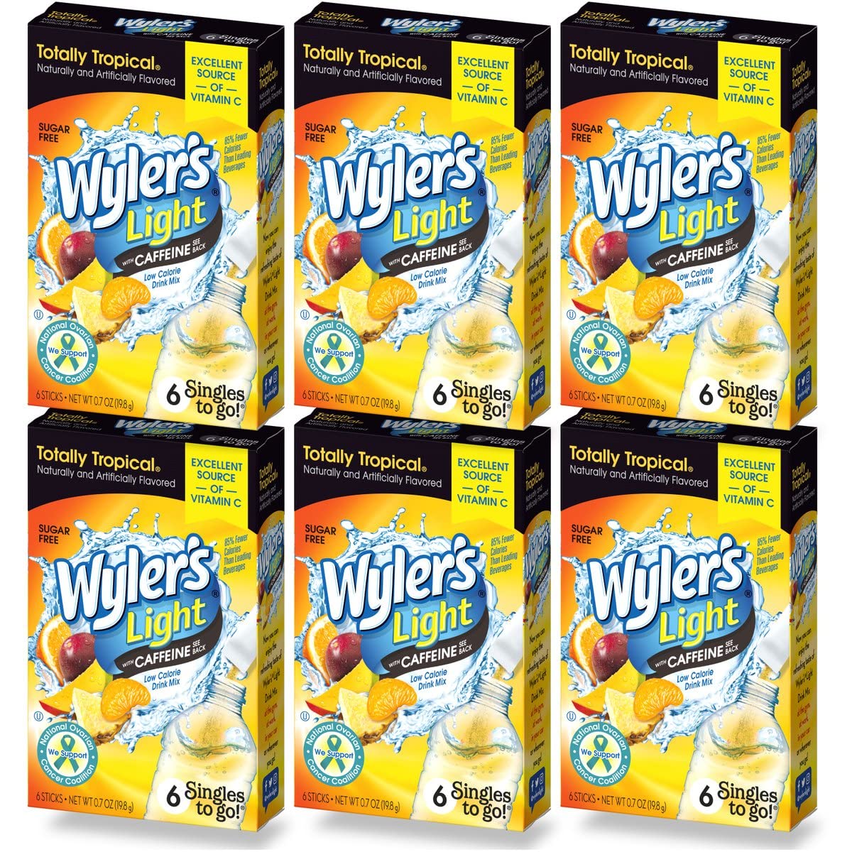 Wyler's LightSingles to Go Caffeinated Drink Mix 6 Packets Each 36 Total Servings (Totally Tropical, Pack - 6)