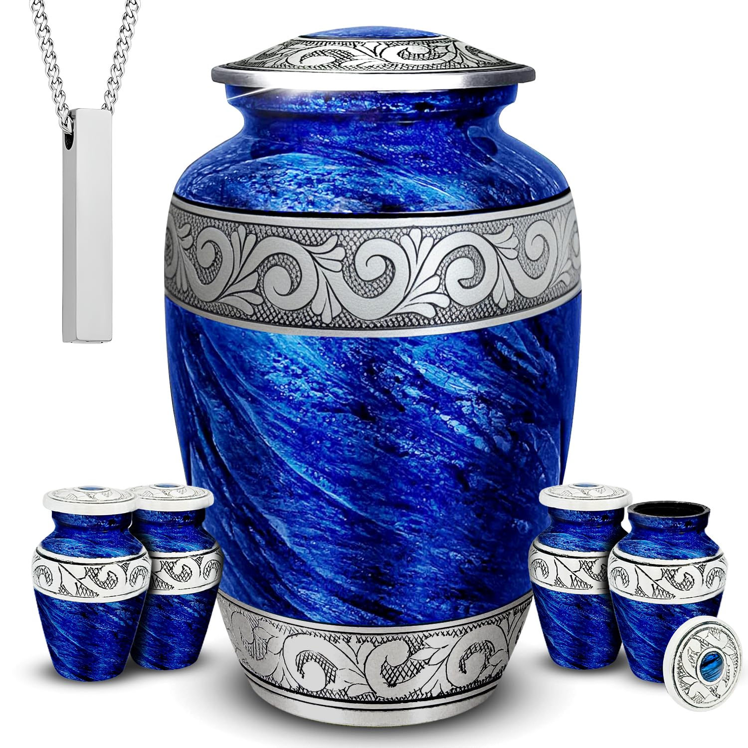 Set of 6 Eternal Blue Decorative Cremation Urns for Ashes Adult Male & Female Includes 1 Large Urn with 4 Small Keepsakes & 1 Necklace for Human Ashes