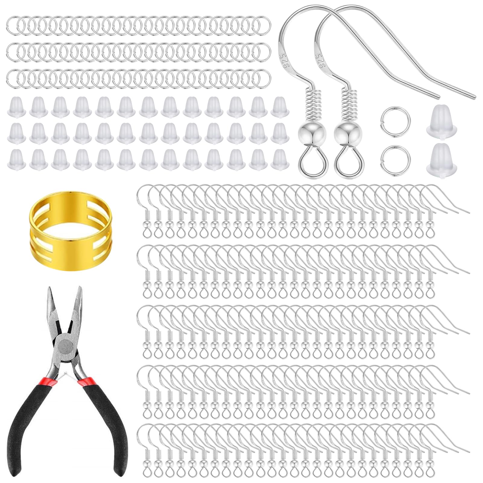 Azushwer 602pcs Earring Making Supplies, Hypoallergenic 925 Silver and Gold Plated Earring Hooks, with Fish Hooks, Metal Jump Rings, Clear Silicone Backs Stoppers for DIY (Silver)