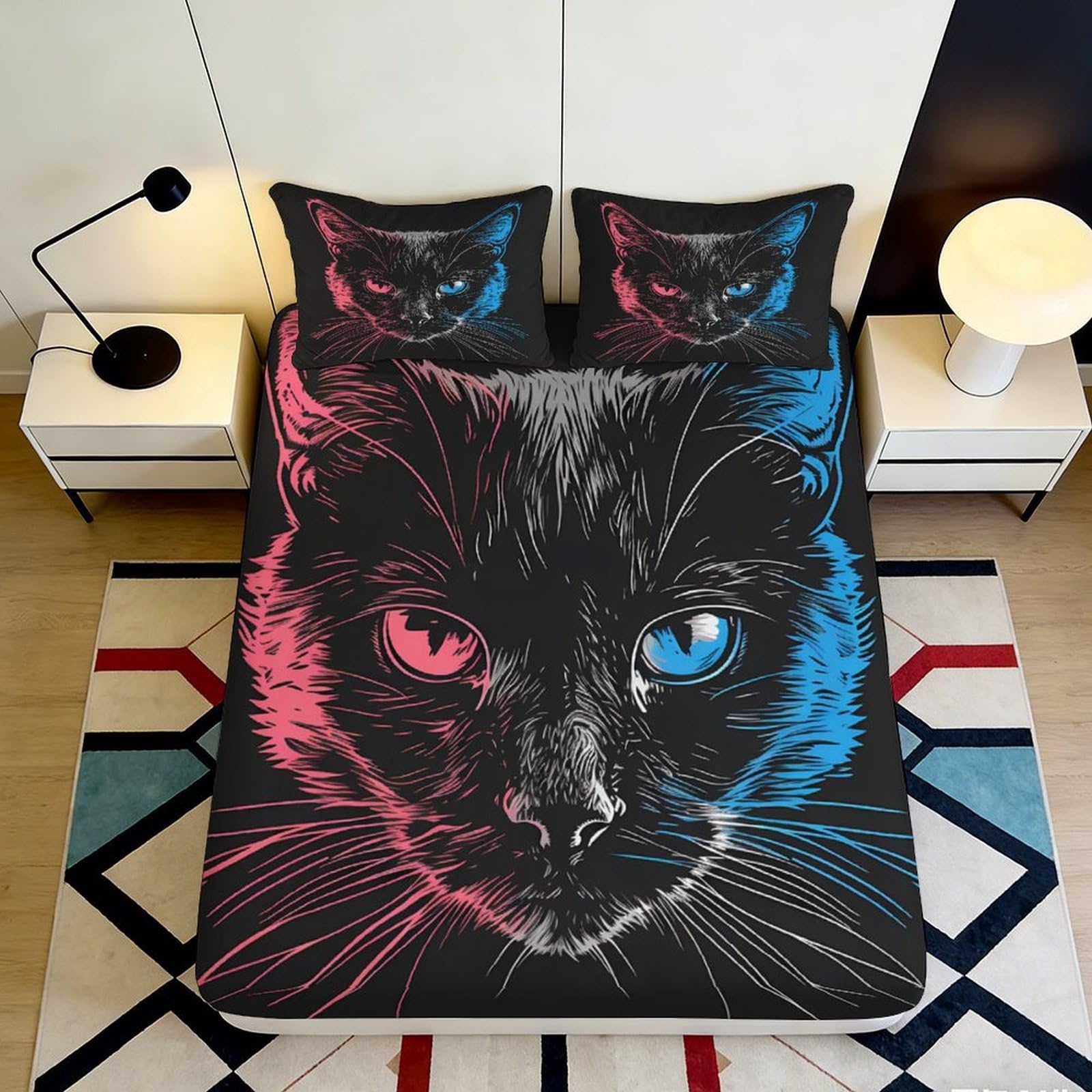 3D Printed Neon Cat Fitted Sheet Microfiber Deep Pocket Non-Slip Bedroom Bedding Cat Mattress Fitted Cover Full Wrap Washable 140x200x25cm