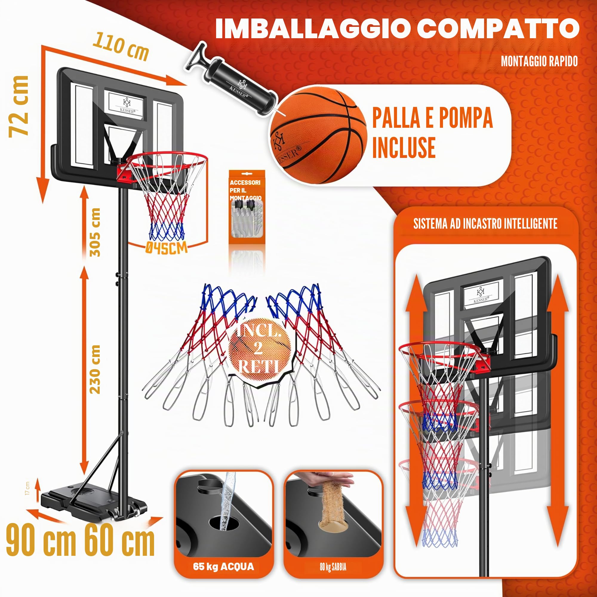 KESSER® Canestro di basket Premium con supporto e rotelle incl. pallone da basket + pompa; altezza canestro regolabile da 230 a 305 cm; impianto basket da esterno completo