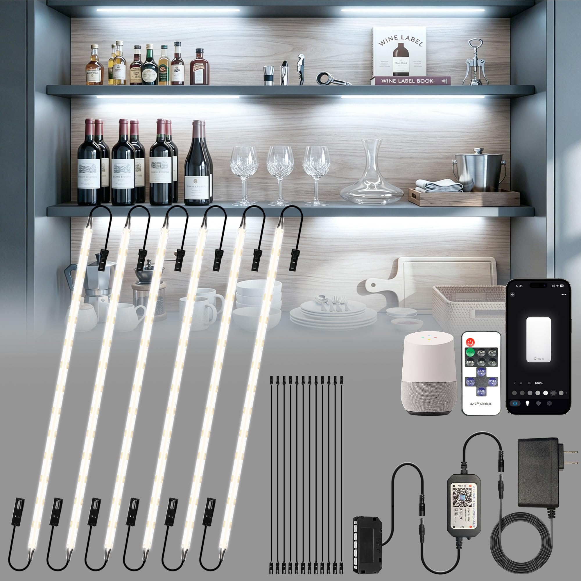 LED Shelf Lights, Under Cabinet Lighting Compatible with Alexa, Dimmable 6000K WIFI Strip Lights for Bookshelf, Display, Book Case Curio, Kitchen with App, Remote, Memory Function (6Pack 20In)
