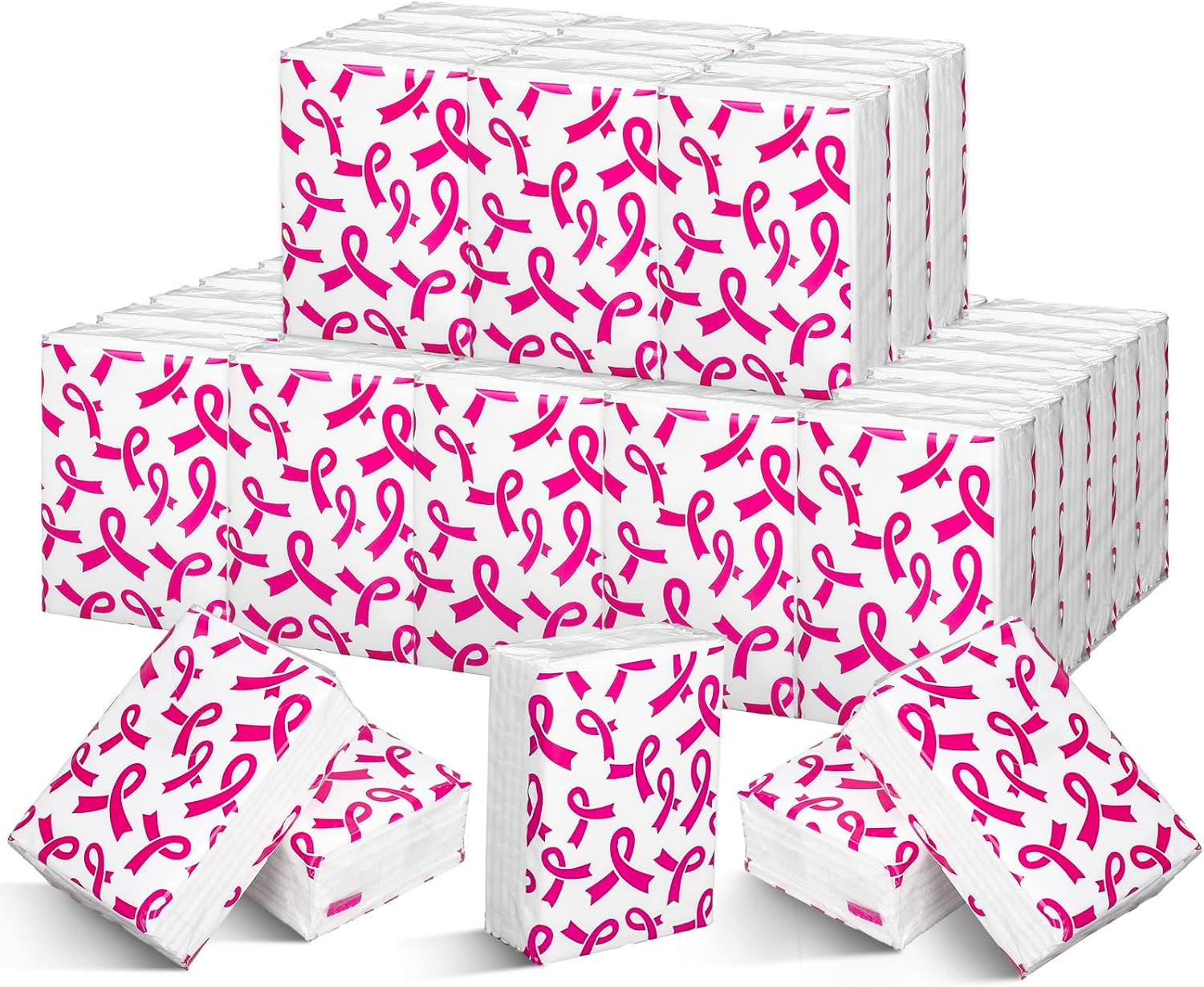 Whaline 50 Breast Cancer Awareness Pocket Tissue Packs Pink Ribbon Facial Tissue Portable Mini Travel Size Tissues 4Ply for Cancer Survivor Gift, Women