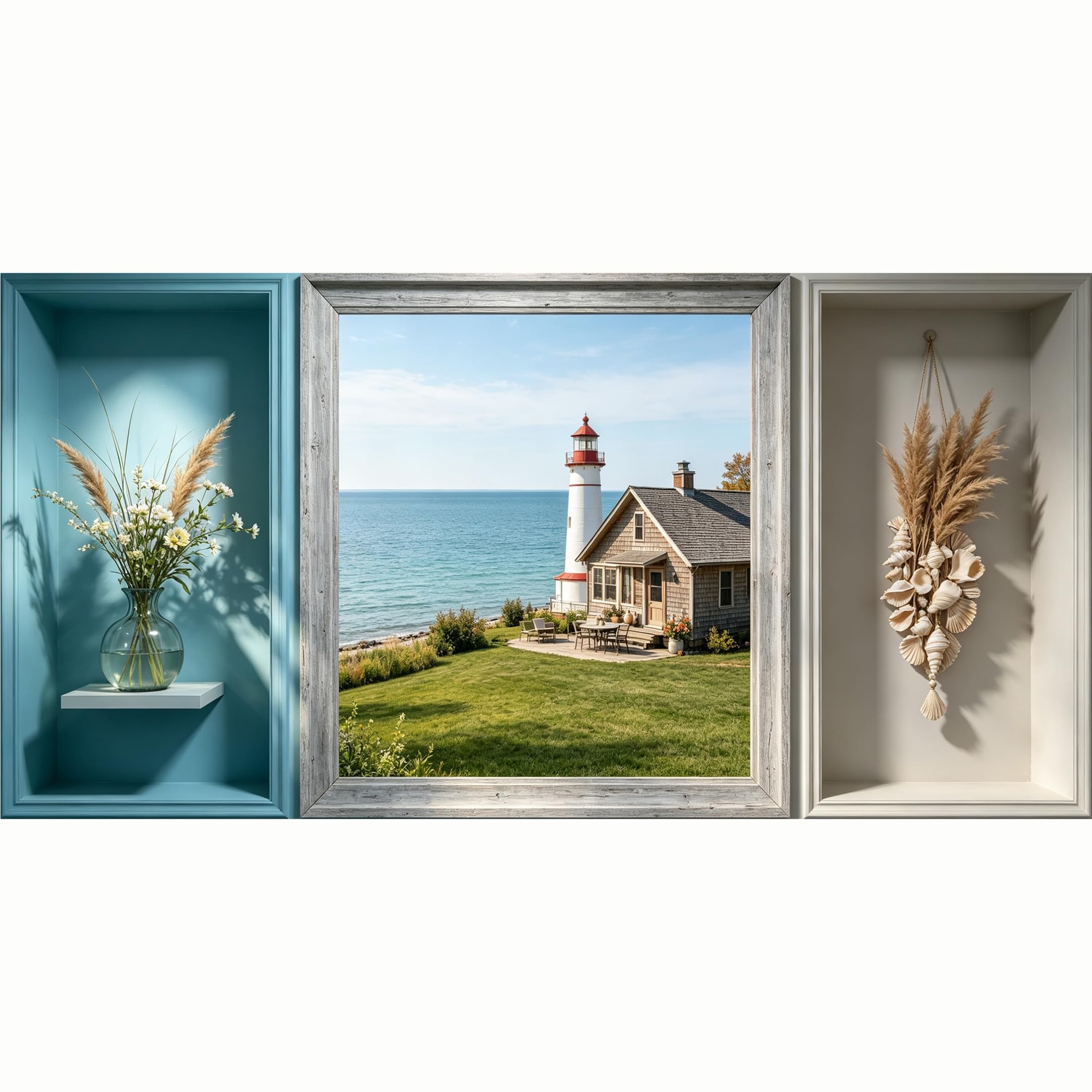 QZLITHOTIC 50x100cm 3D Framed Wall Art， Coastal Lighthouse Cottage Seascape Self‑Adhesive Mural， Water‑Activated Peel & Stick Fabric Decor Wall Decal for Bedroom Living Room