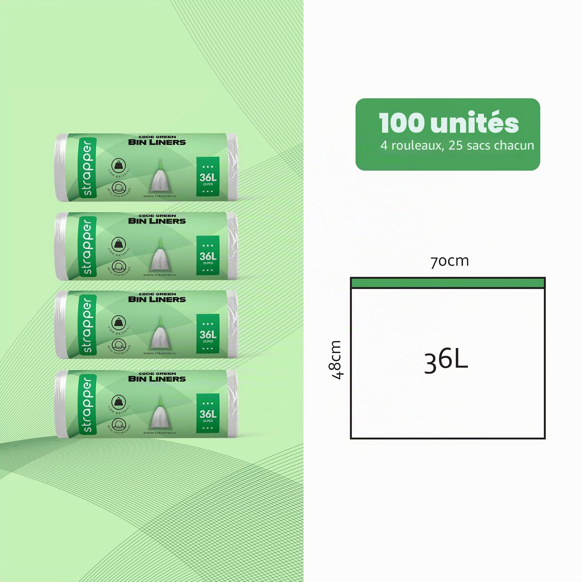 Strapper 100 Vert Sacs Poubelle - Convient pour poubelle Brabantia et Homra Nexo - 36 litres
