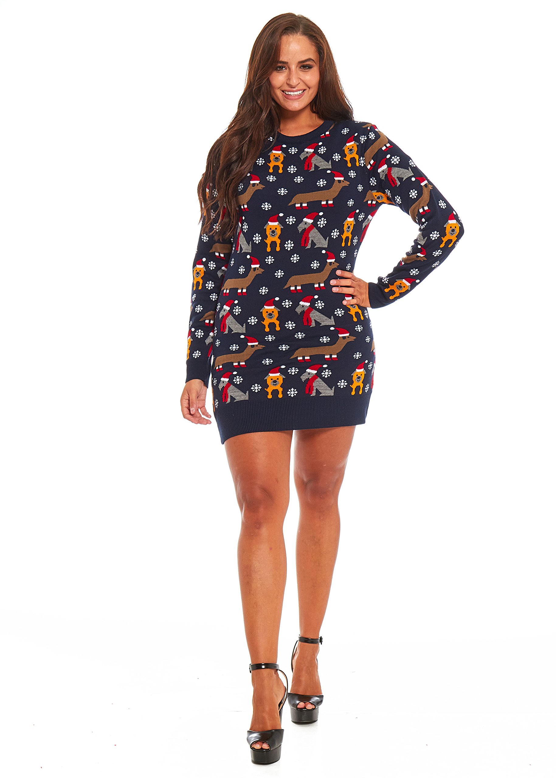 white christmas dresses Winter Tree Snowflake Reindeer Fair Isle Classic Knit Long Sleeve Mini Sweater Dress Black / XL