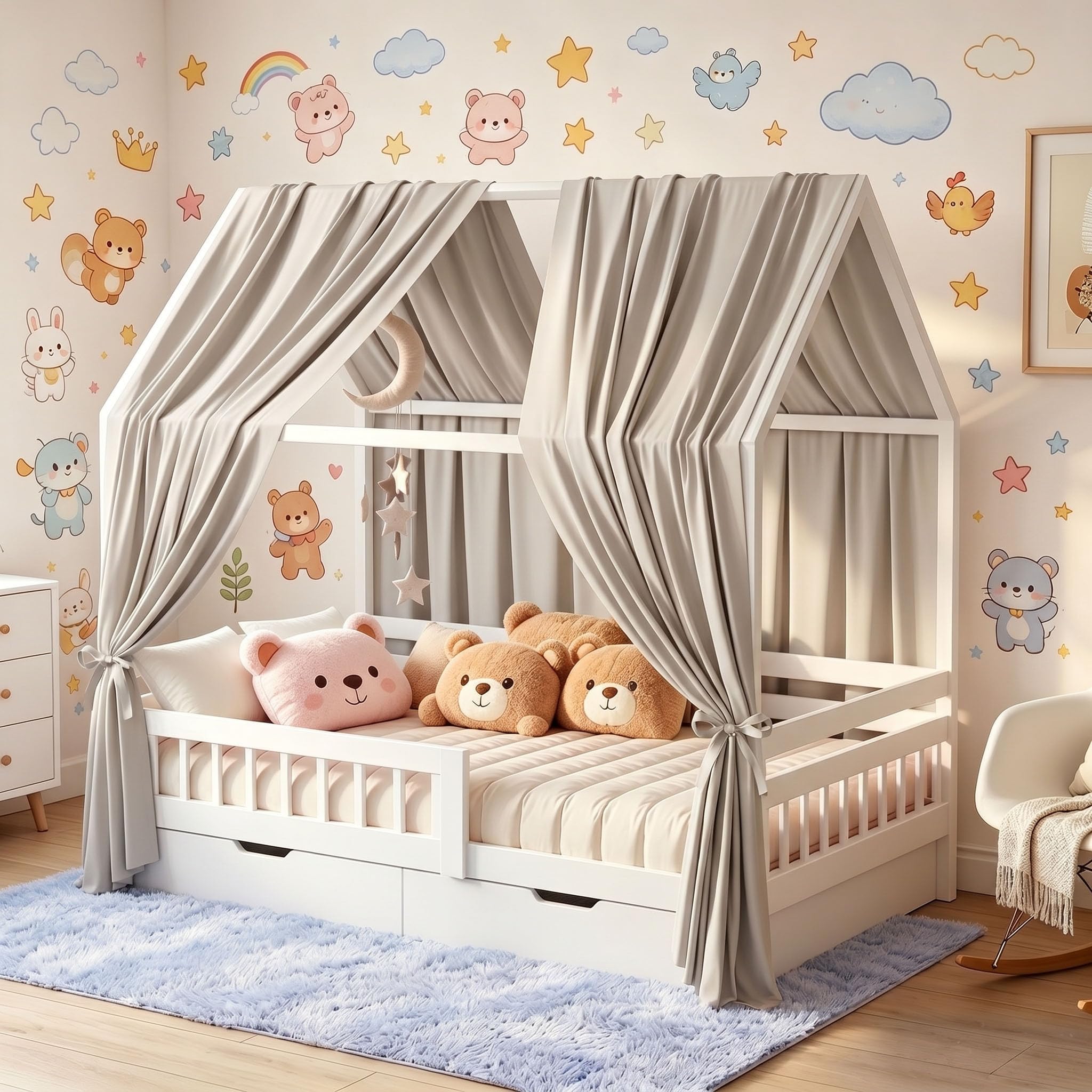 Baldaquin lit maison en mousseline respirante beige lot de 2 voilages doux