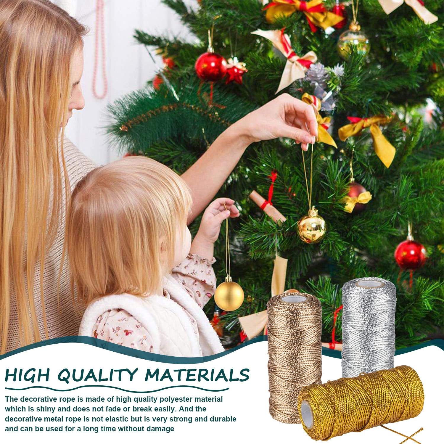 ZDNT 3 Rolls Gold Twine String Metallic String Gold Cord Metallic Tinsel Cord Thread for 100 m Thread Cord 1.5 mm Wide for Gift Wrap Decoration Crafts DIY,Wedding,Hanging Christmas Ornaments - Image 3