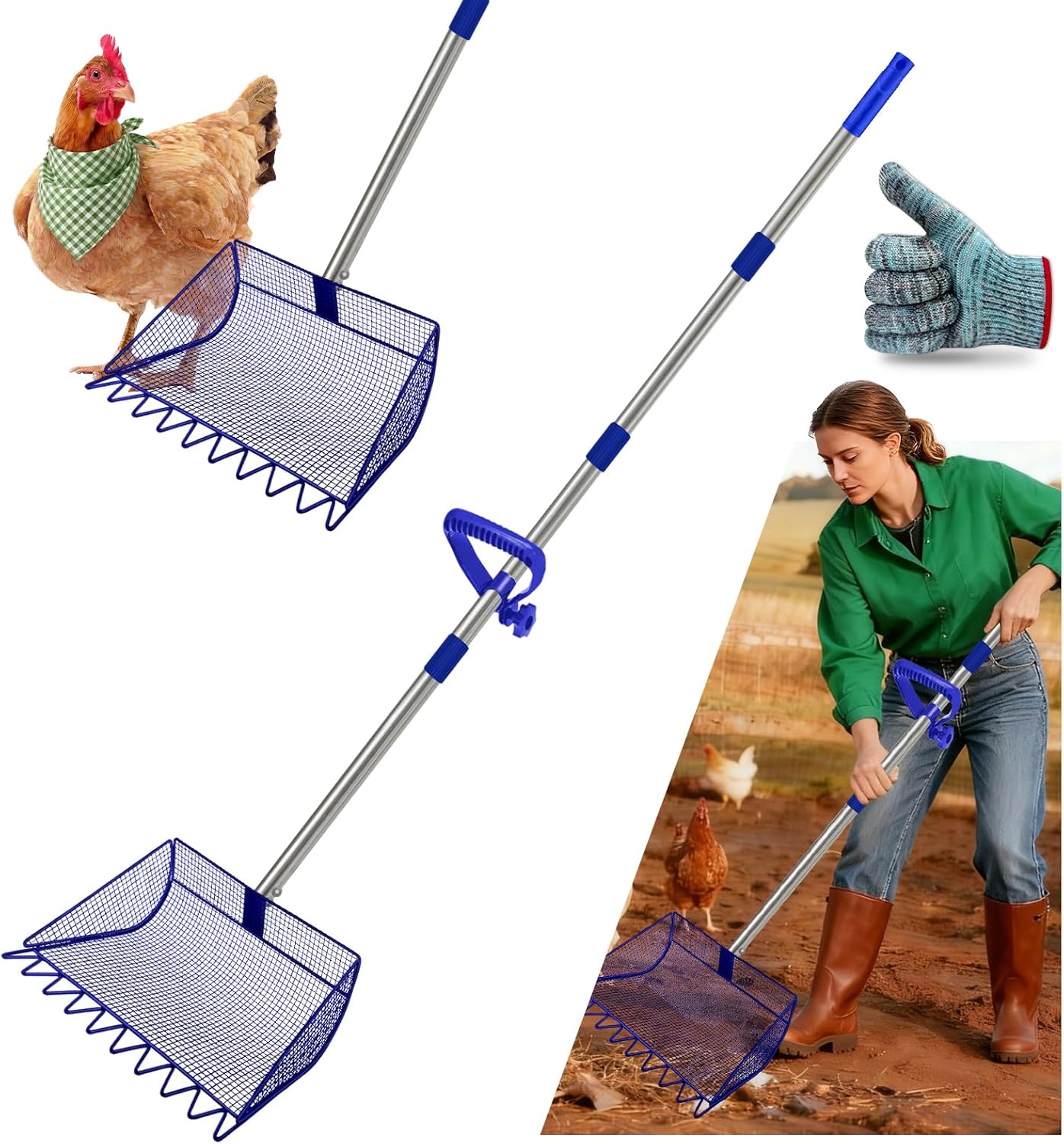 2-in-1 Chicken Coop Scooper: Extra Large 12” Poop Scooper & Rake with Adjustable Handle (37”-65”) | Heavy-Duty Metal Shovel for Quick Pet Waste, Rabbit, Guinea, Barn Cleaning | US Patent Pending,Green
