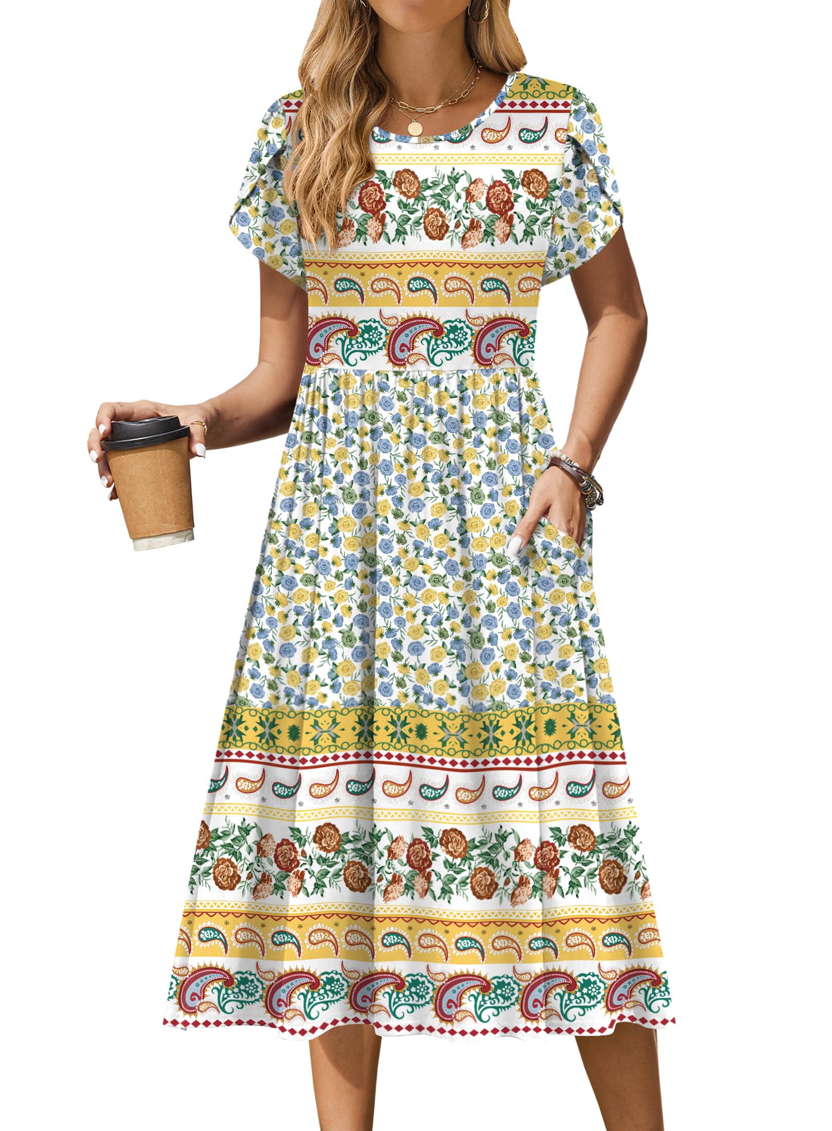 Zeagoo Womens Summer Dresses Casual Aline Midi Dress Short Sleeve Floral Tshirt Dress Flowy Beach Sundresses with Pockets