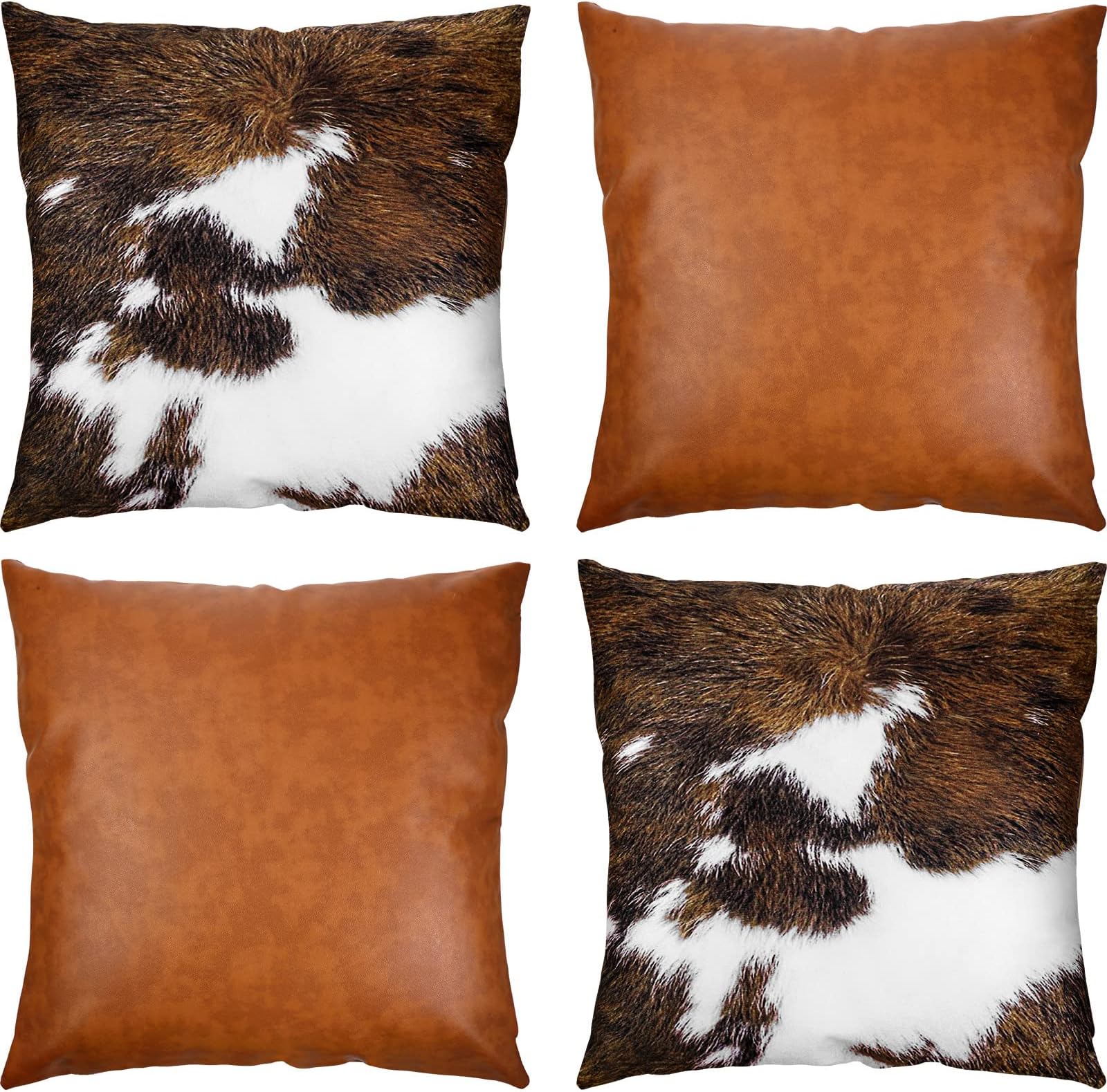 2 Pieces Faux Leather Throw Pillow Covers and 2 Pieces Cowhide Accent Printing Hidden Zippered Pillowcase Decorative Square Bedroom Living Room Cushion Cases for Couch Bed Sofa, 18 x 18 Inch