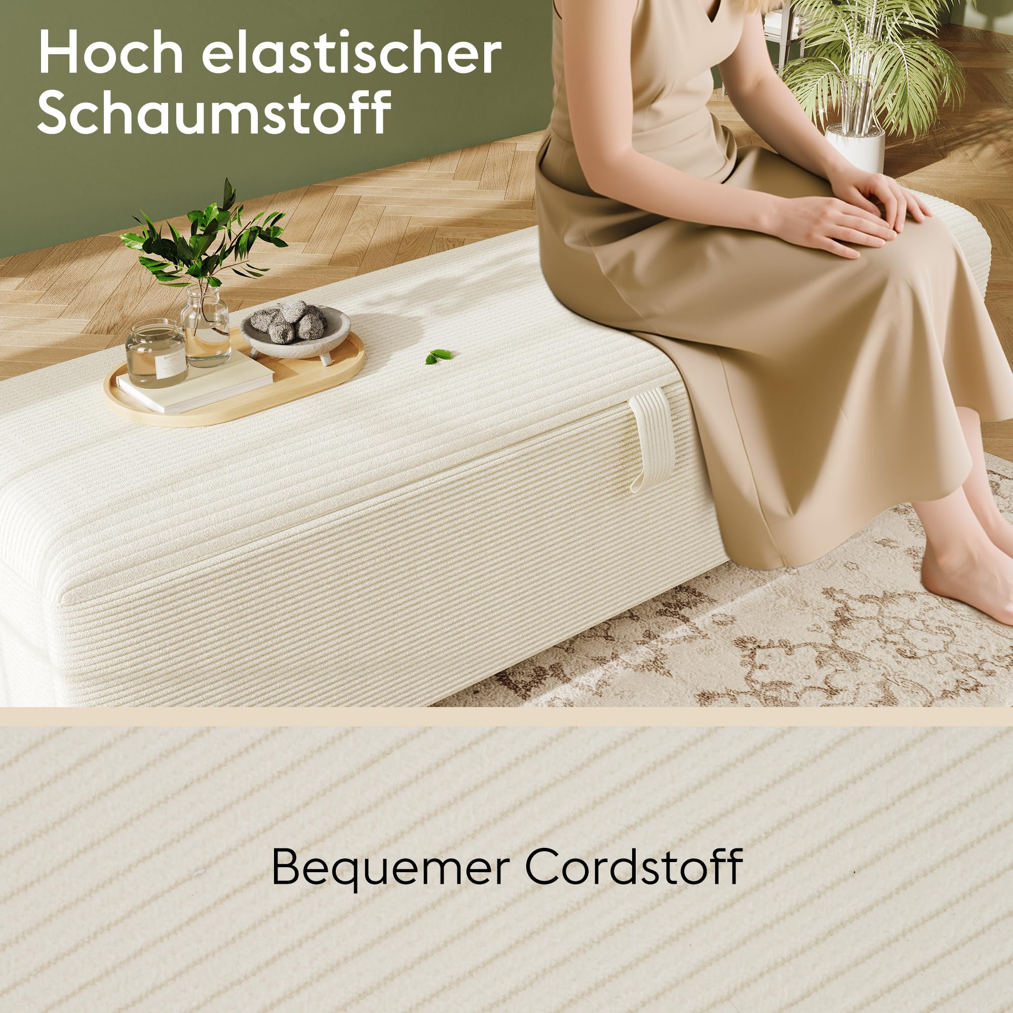 OKMYHOME Banc de Lit avec Coffre de Rangement Hydraulique, Assise en Velours Côtelé Beige, Bois Massif et MDF, 145x38x46 cm
