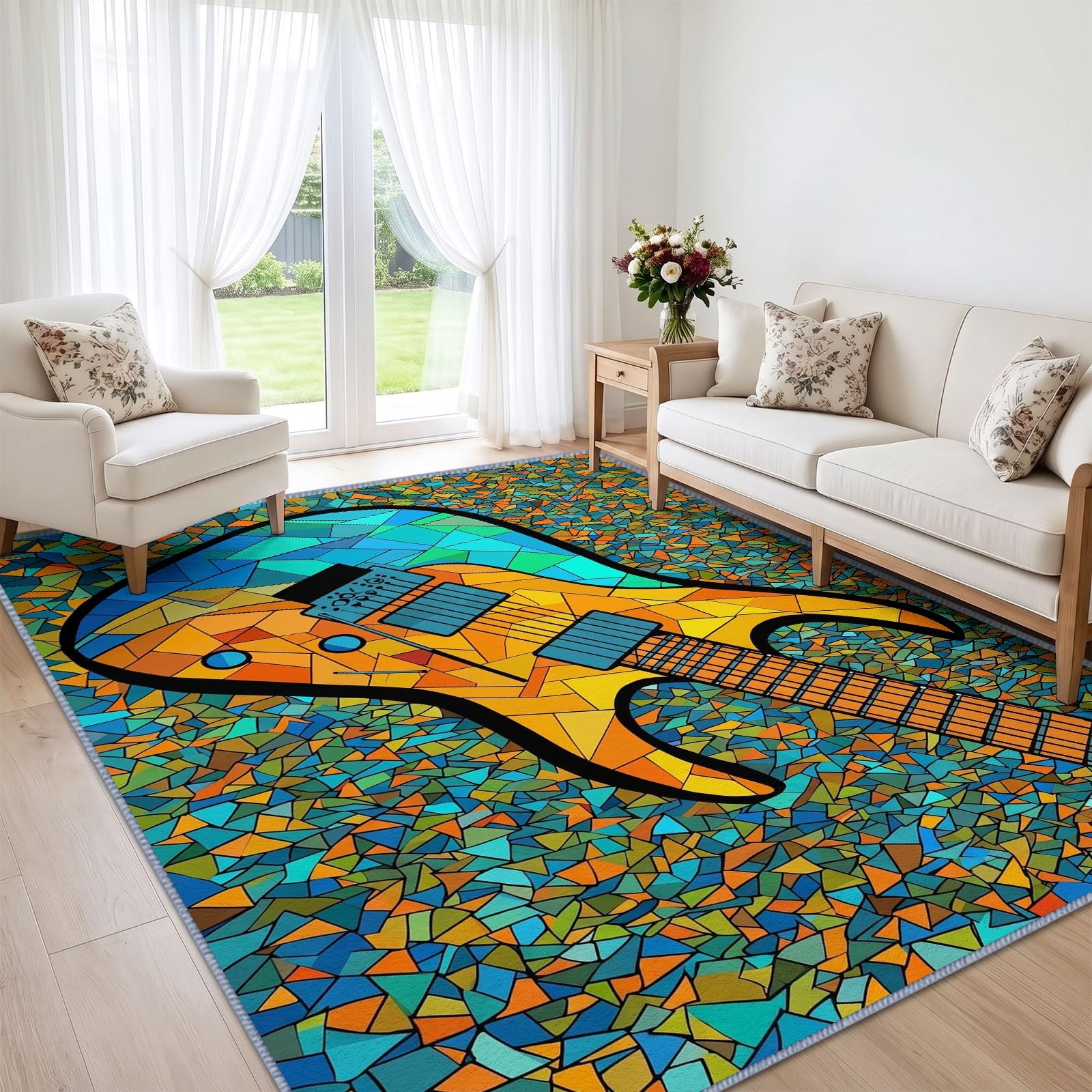 Tapis de Salon Lavable 180 x 240 cm Guitare Électrique Vitrail, Tapis Antidérapant à Poils Ras Géométrique pour Cuisine Bureau Salle à Manger - Moquette Décoration Intérieure Chambre d'enfant