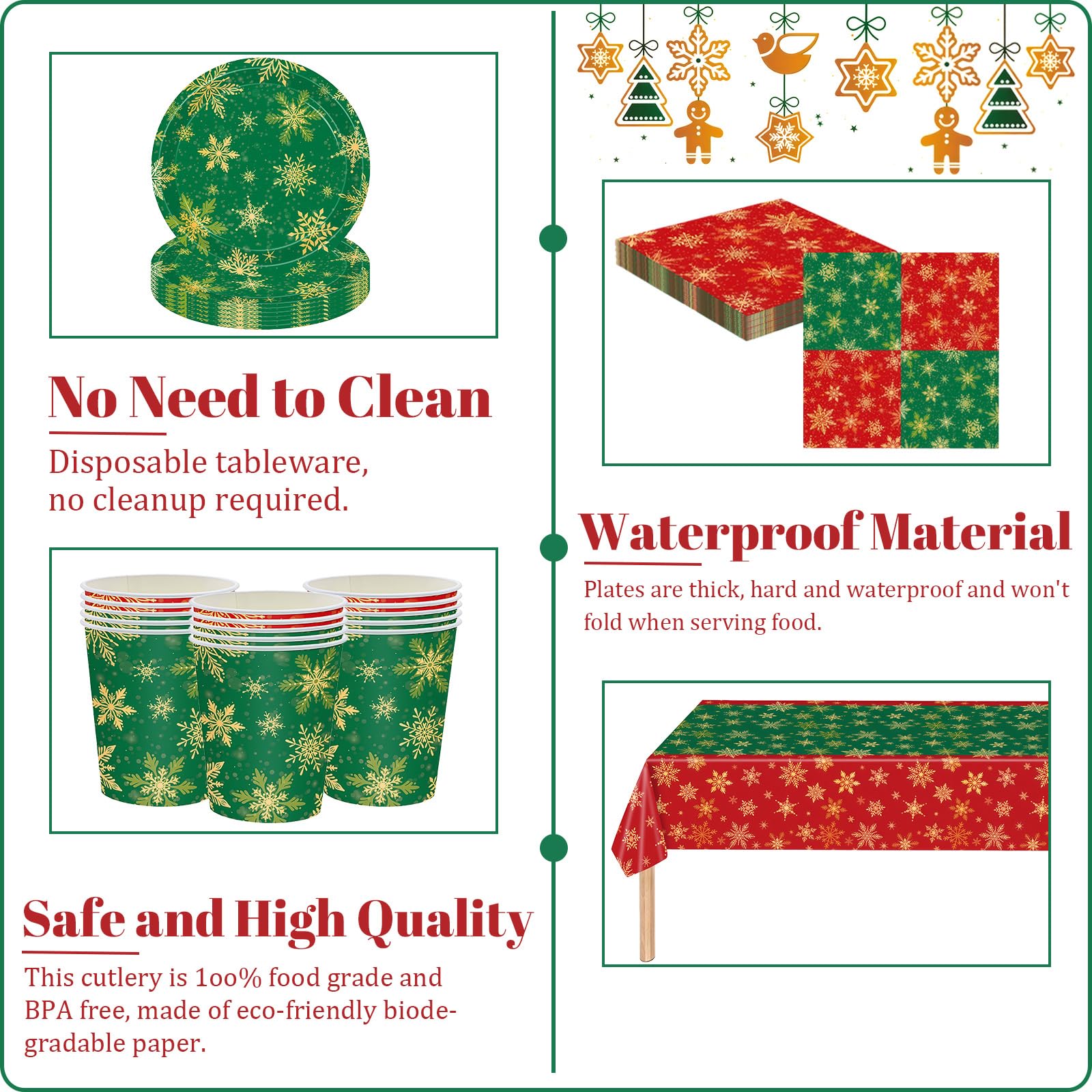 53Pcs Christmas Party Tableware Set for Table Decor,Red Green Christmas Snow 137x274cm Large Plastic Tablecloth Red Xmas Party Paper Plates Cups Napkins Dinnerware Set for Xmas Favor Tableware - Image 3