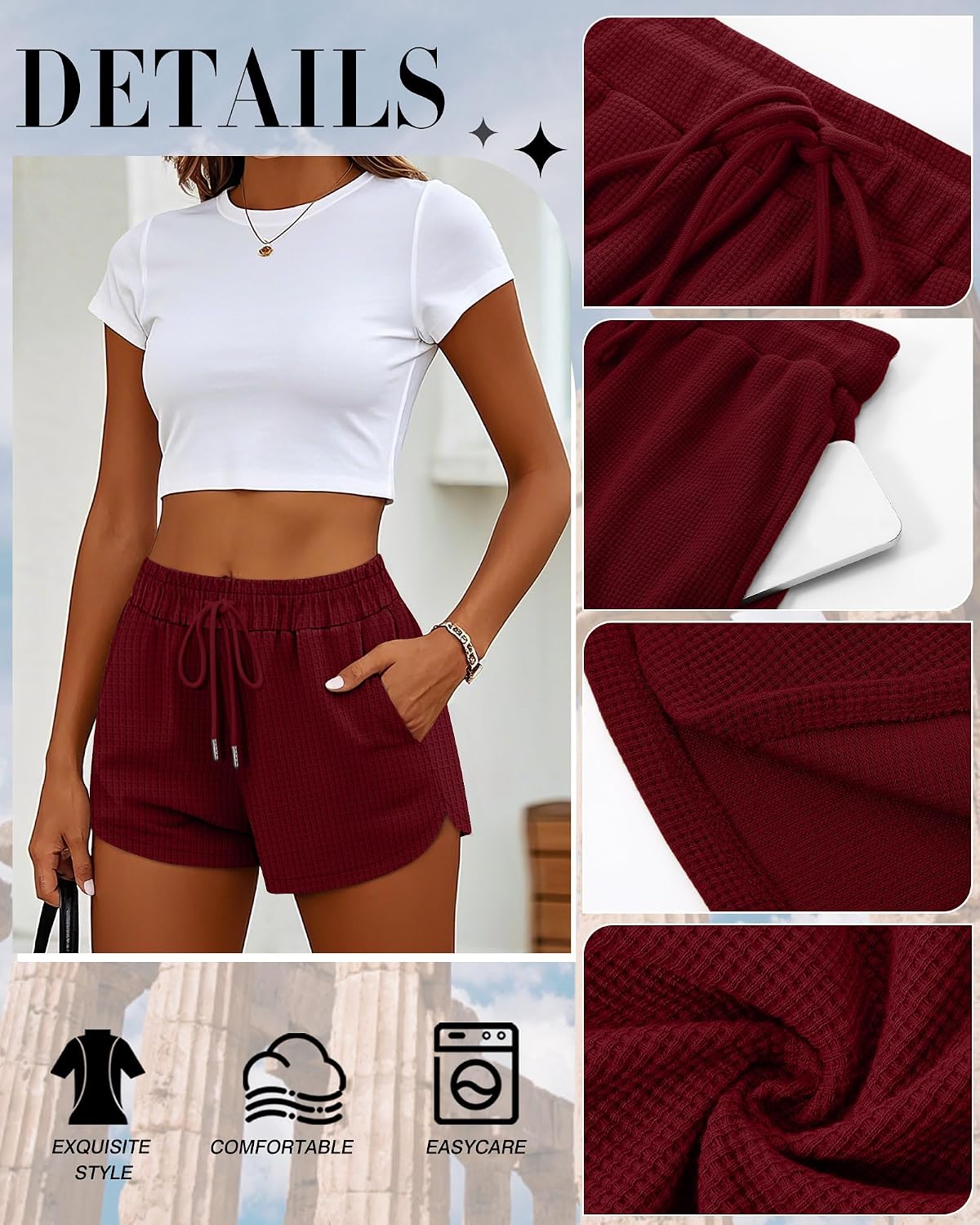 Riyiper 3 Pack Women's Waffle Knit Shorts Drawstring Lounge Summer Comfy Casual Shorts with Pockets(Black, Navy Blue, Wine Red,X-Large)