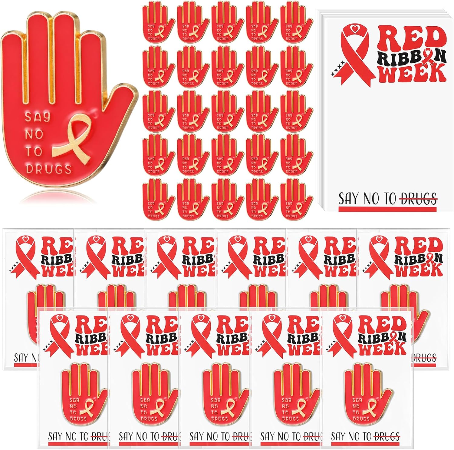 Huquary Red Ribbon Week Gifts Bulk Say No to Drugs Metal Lapel Pins with Cards for Anti Drugs Campaigns Fundraising Events