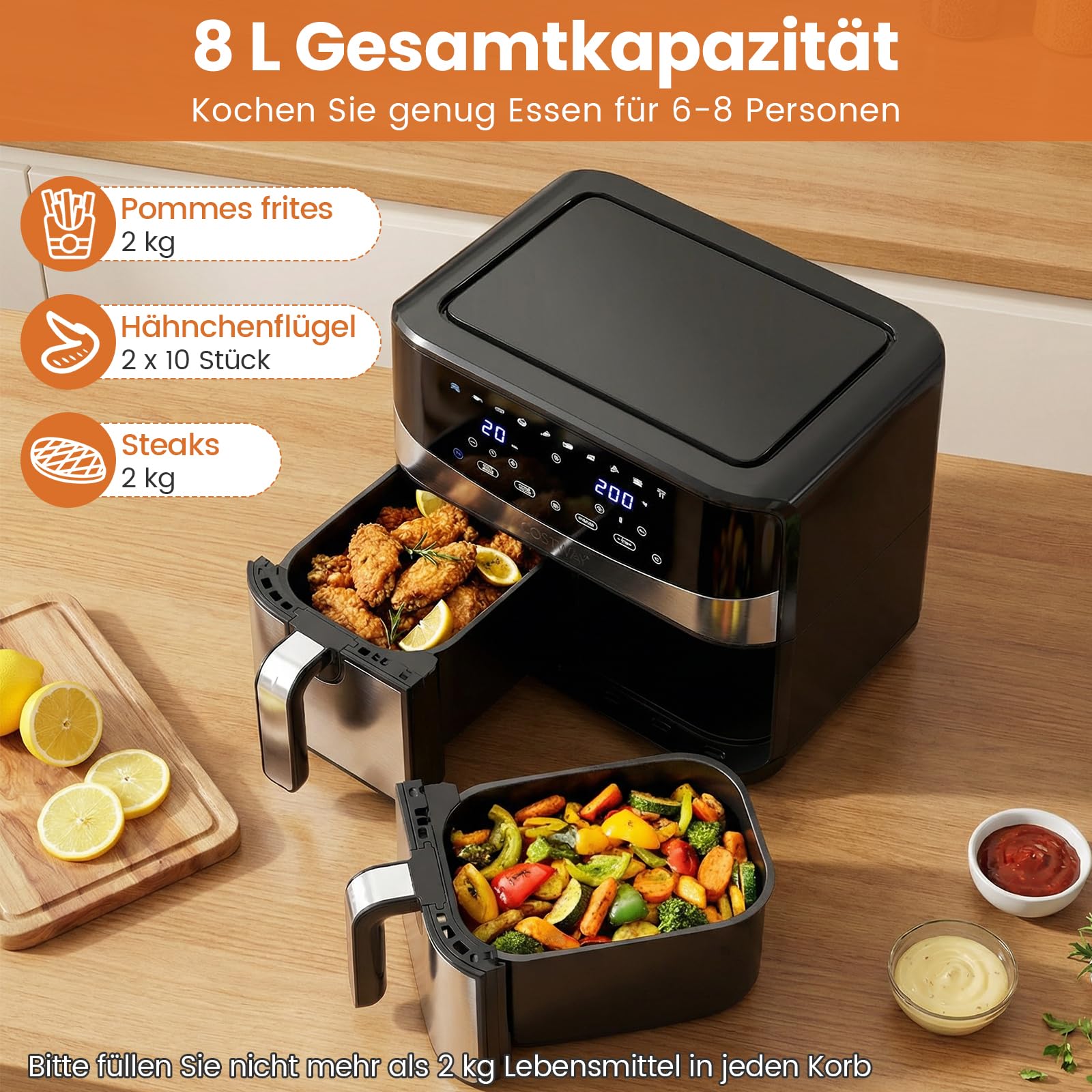 COSTWAY Frytkownica na gorące powietrze, 2 komory, 8,5 l z okienkiem, wykończenie Sync Cook & Match Finish, cyfrowy ekran dotykowy i gorące powietrze 360°, 2100 W, nadaje się do mycia w zmywarce