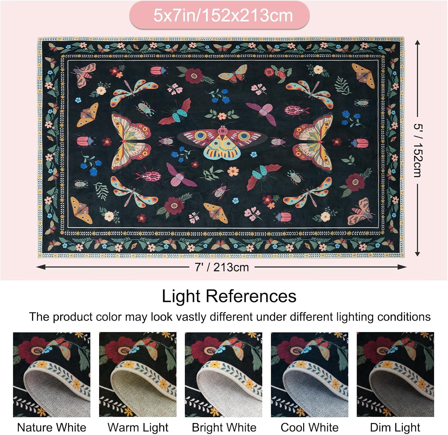 MOSISO 5x7 Area Rug for Living Room, Soft Non-Slip Vintage Butterfly&Insect Low Pile Carpet, Faux Wool Rectangular Washable Area Rugs Carpet for Living Room Bedroom Dining Room Home, Black