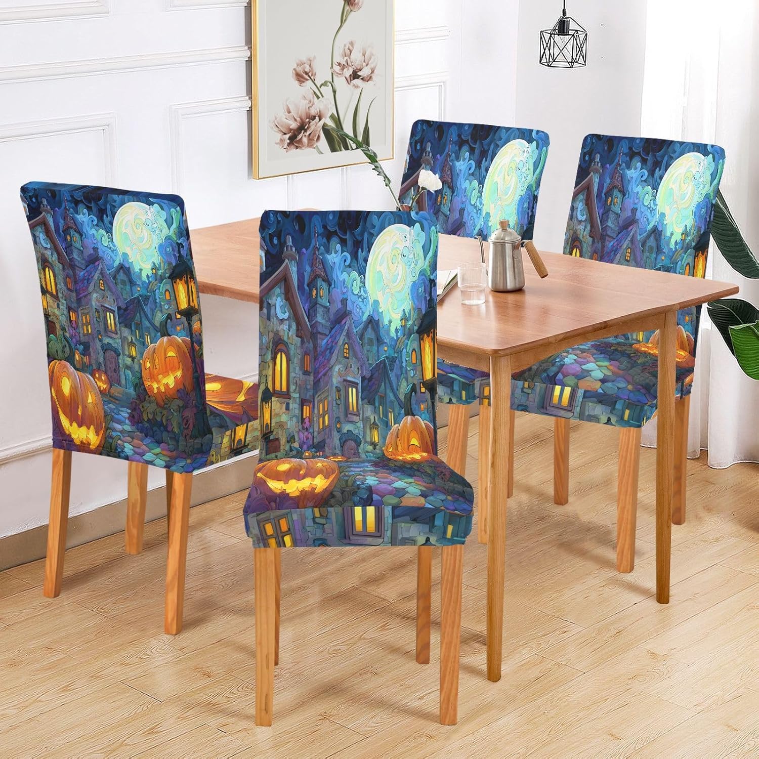 ALAZA Chair Covers for Dining Room, Pumpkin House Stretch Chair Cover Sets Chair Protector Removable Washable for Ktichen Restaurant Hotel
