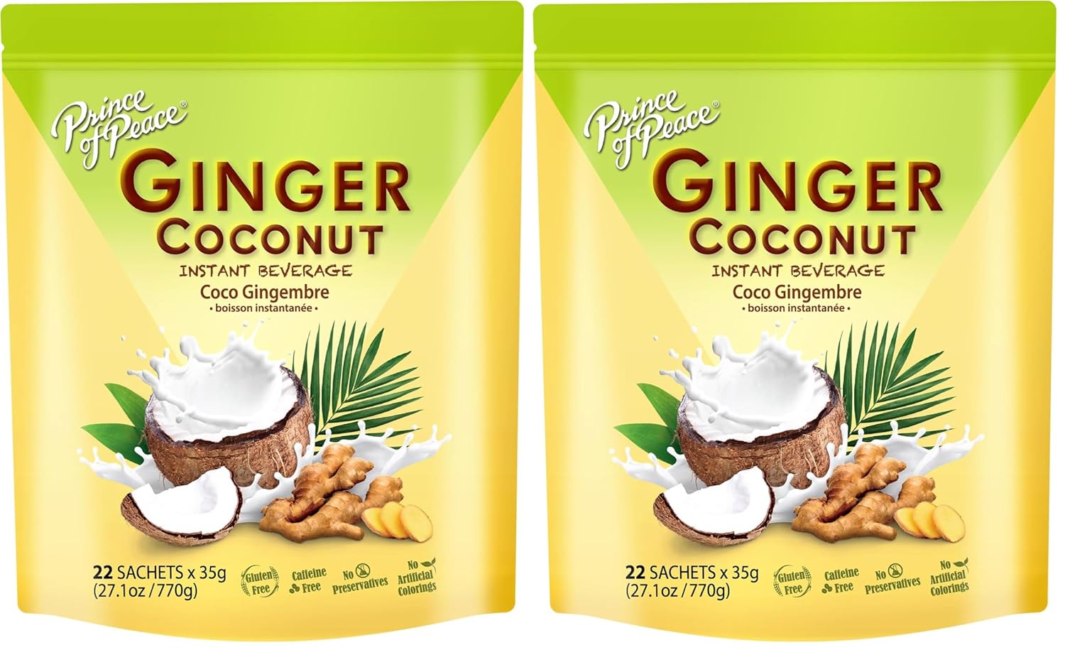 Prince of Peace Ginger Coconut Instant Beverage, 22 Sachets - pack of 2 – Instant Hot or Cold Beverage that Soothes Throat – Easy to Brew – Caffeine and Gluten Free – Real Coconut and Fresh Ginger – Rich and Creamy