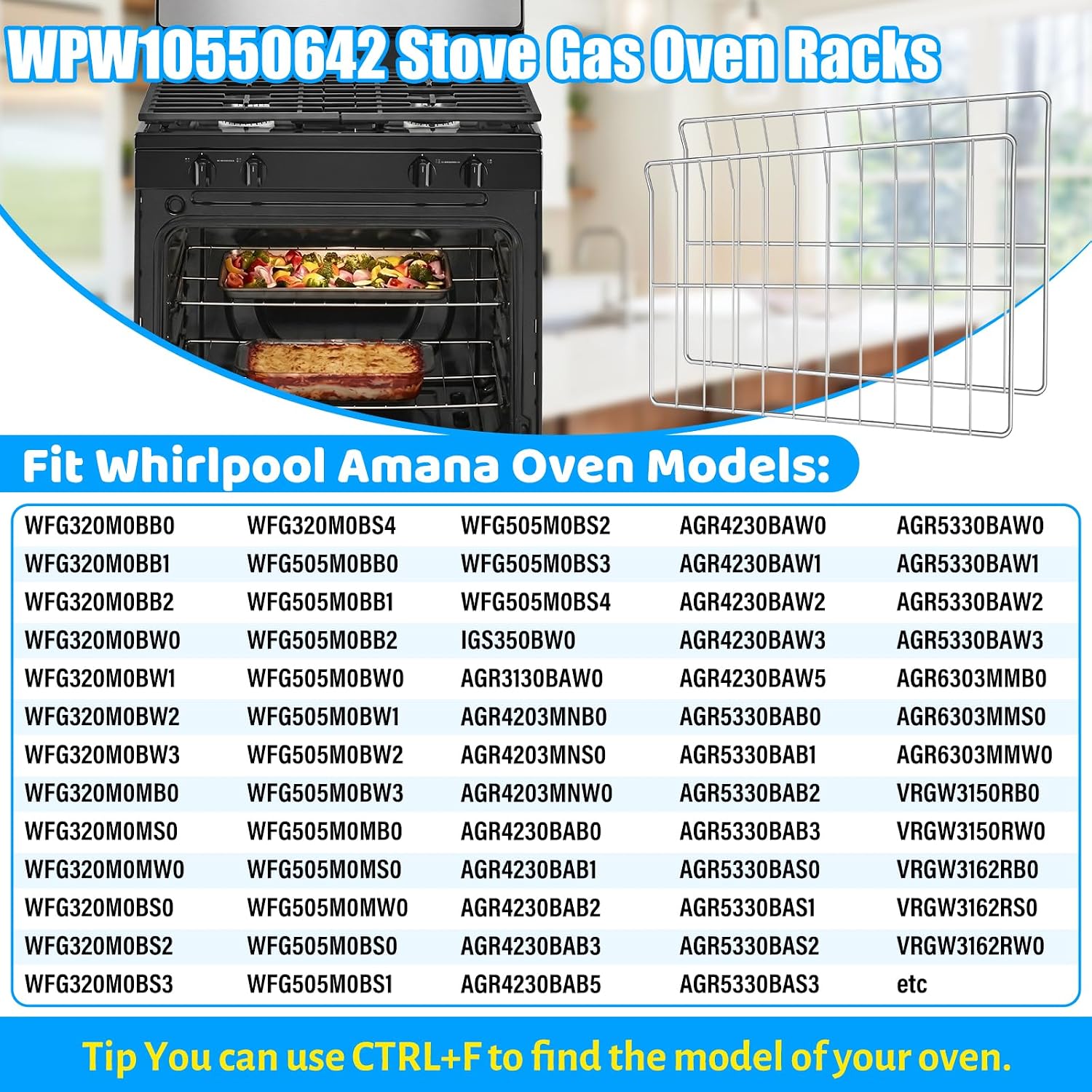 Upgraded WPW10550642 Oven Racks Replacements Compatible with Whirlpool oven rack W10550642 oven rack Gas Range Wire Rack Shelf WFG505M0MS WFG32000MS replacement oven racks,Stainless Steel, 2 Pack