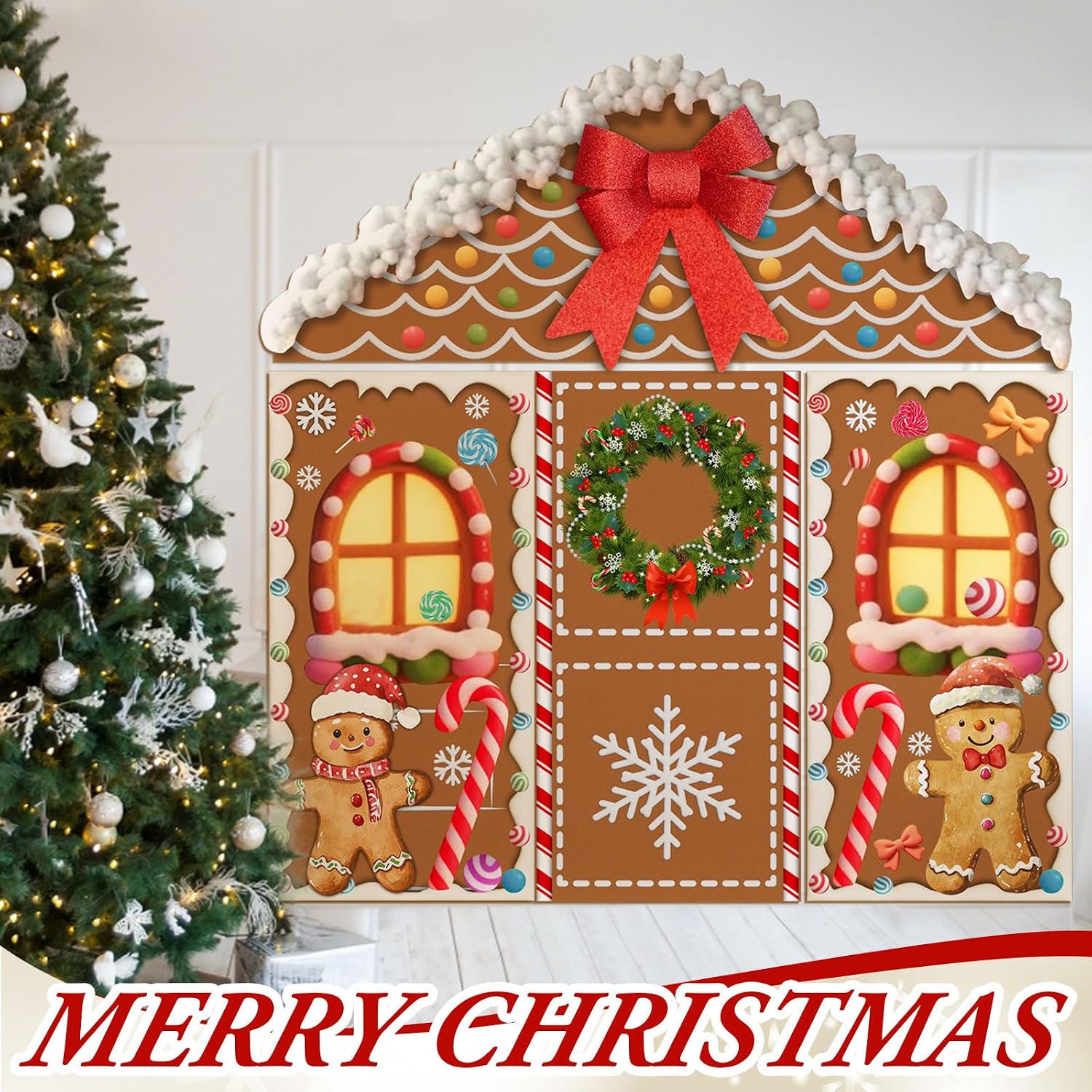 Mindsoft 3 Pcs Christmas Gingerbread House Decorations Gingerbread Door Covers Backdrop Christmas Door Banners Outdoor for Xmas Holiday Party Photography Background Front Porch Window Home Decor