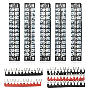 FIXITOK Terminal Strip Blocks, 5 Sets 12 Positions 600V 15A Waterproof Junction Block With Cover Dual Row Screw + 400V 15A Pre-Insulated Barrier Strip Jumper
