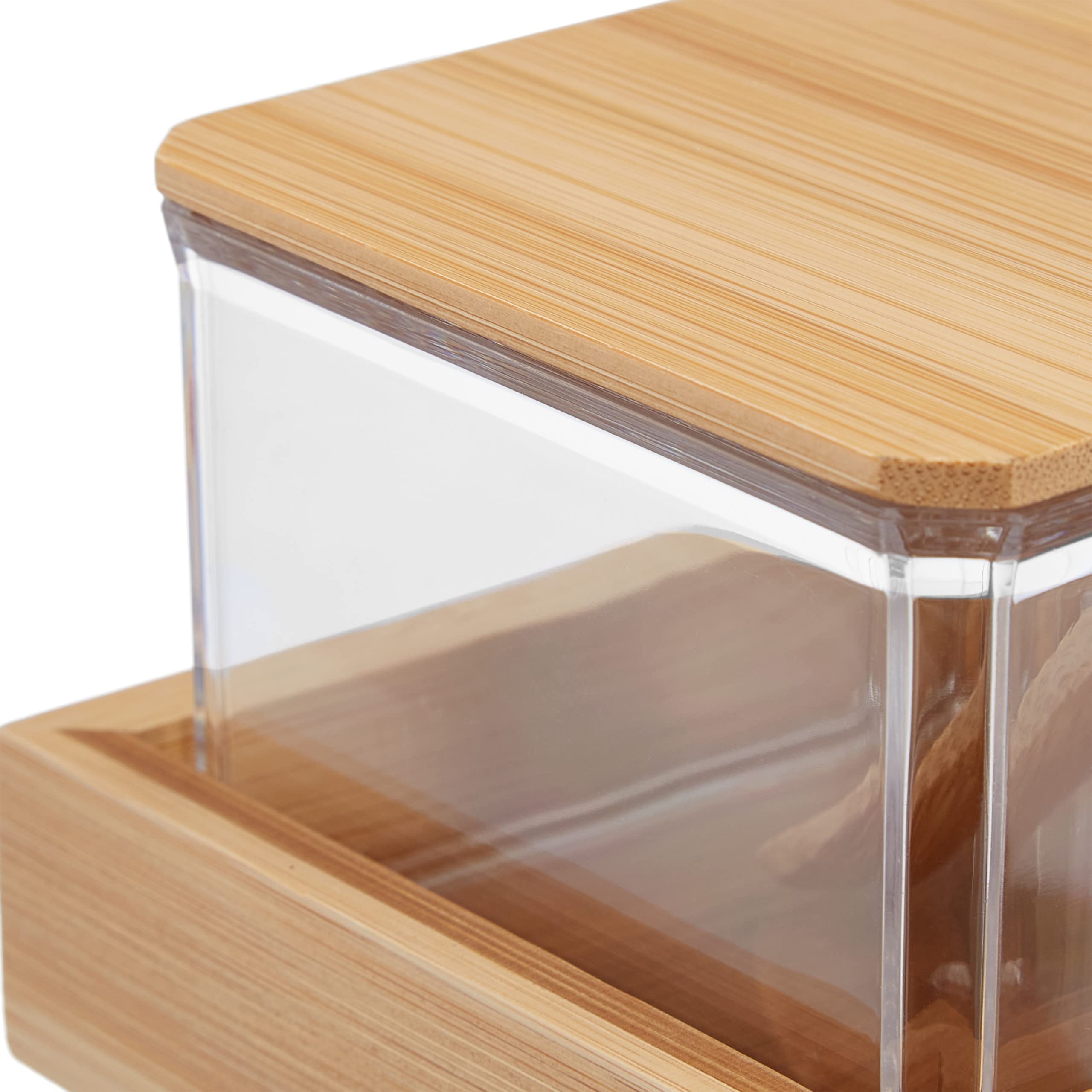 Relaxdays Pojemniki na przyprawy, zestaw 3 sztuk, pojemniki na przyprawy z łyżeczką i pokrywką, tworzywo sztuczne, bambus, cukiernica, taca, przezroczyste, 11 x 30 x 13 cm