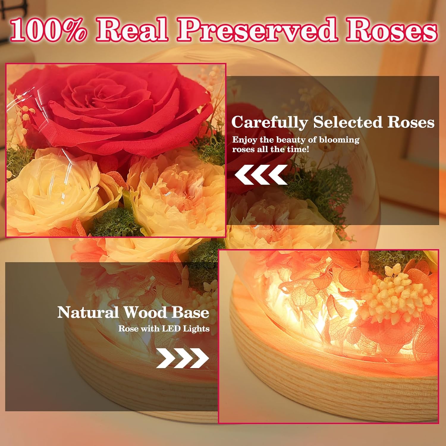FIACO Preserved Rose Birthday Gift for Women Forever Fresh Flowers for Prime Delivery Gift for Mom Grandma Wife Valentines Mothers Day Christmas Anniversary Eternal Roses in Glass Dome - Image 4
