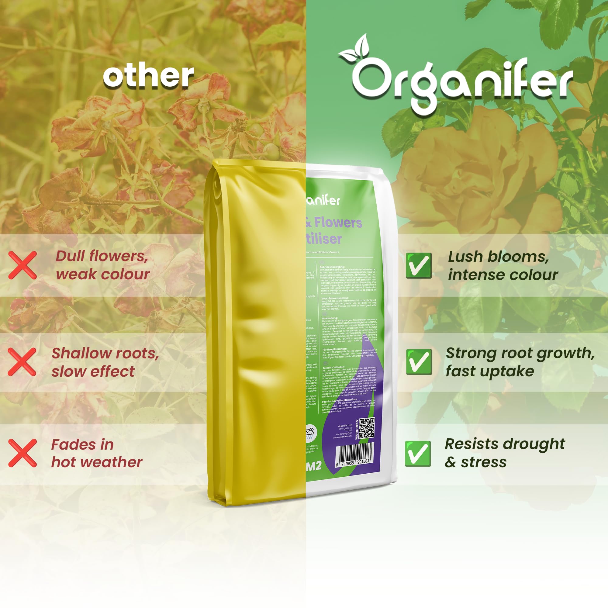 Engrais Pour Rosiers Et Fleurs - Tout-En-Un - 5 Kg Pour 100 M2 - Pour Vivaces Et Plantes À Fleurs - Nutrition Longue Durée, Couleurs Intenses, Racines Fortes Et Floraison Abondante - Organifer