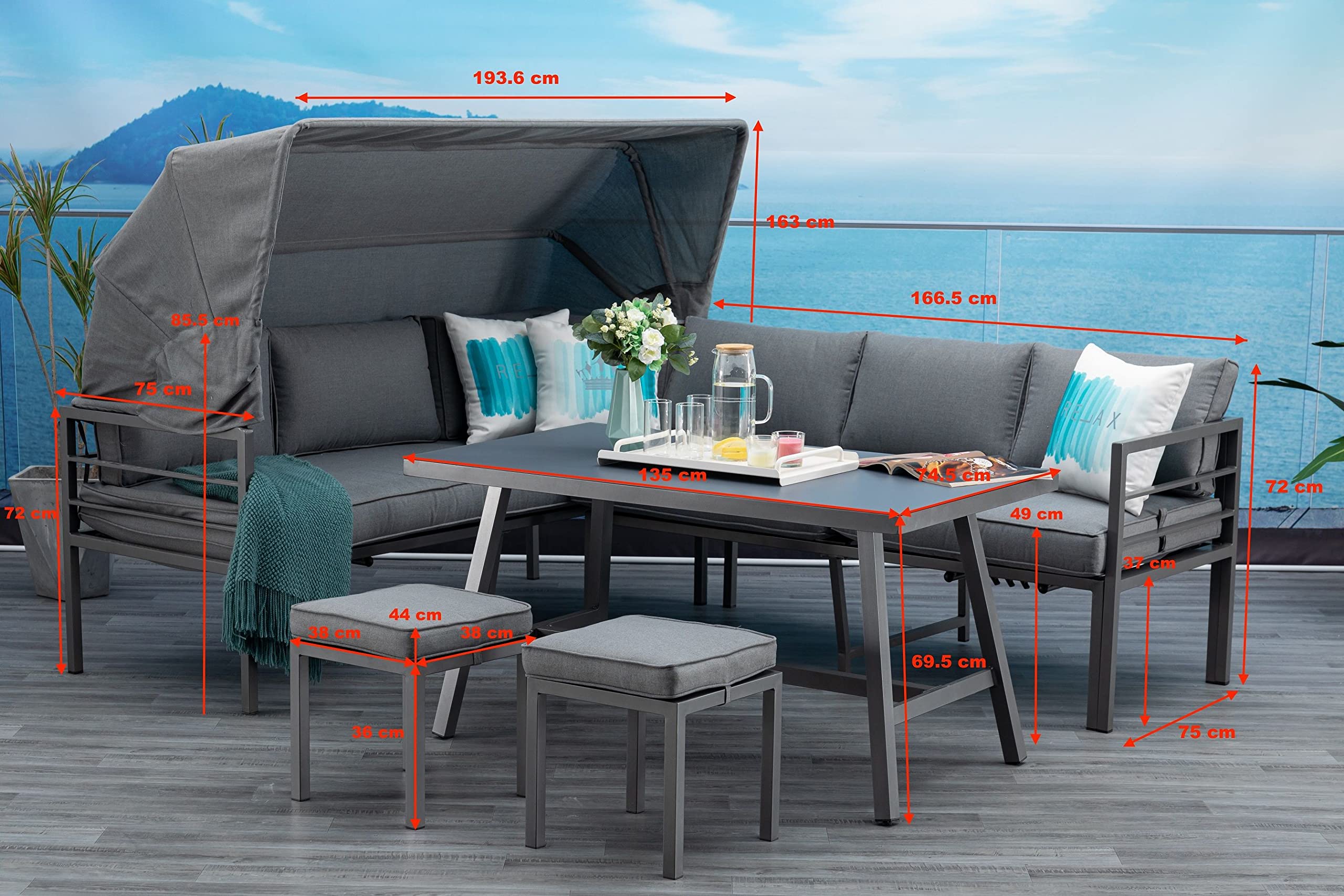 Mandalika Garden Newport Hohe Dining Aluminium Lounge, 3 in 1 | Mit Sonnendach, Verstellbare Kopfteile, Garten Sitzgruppe
