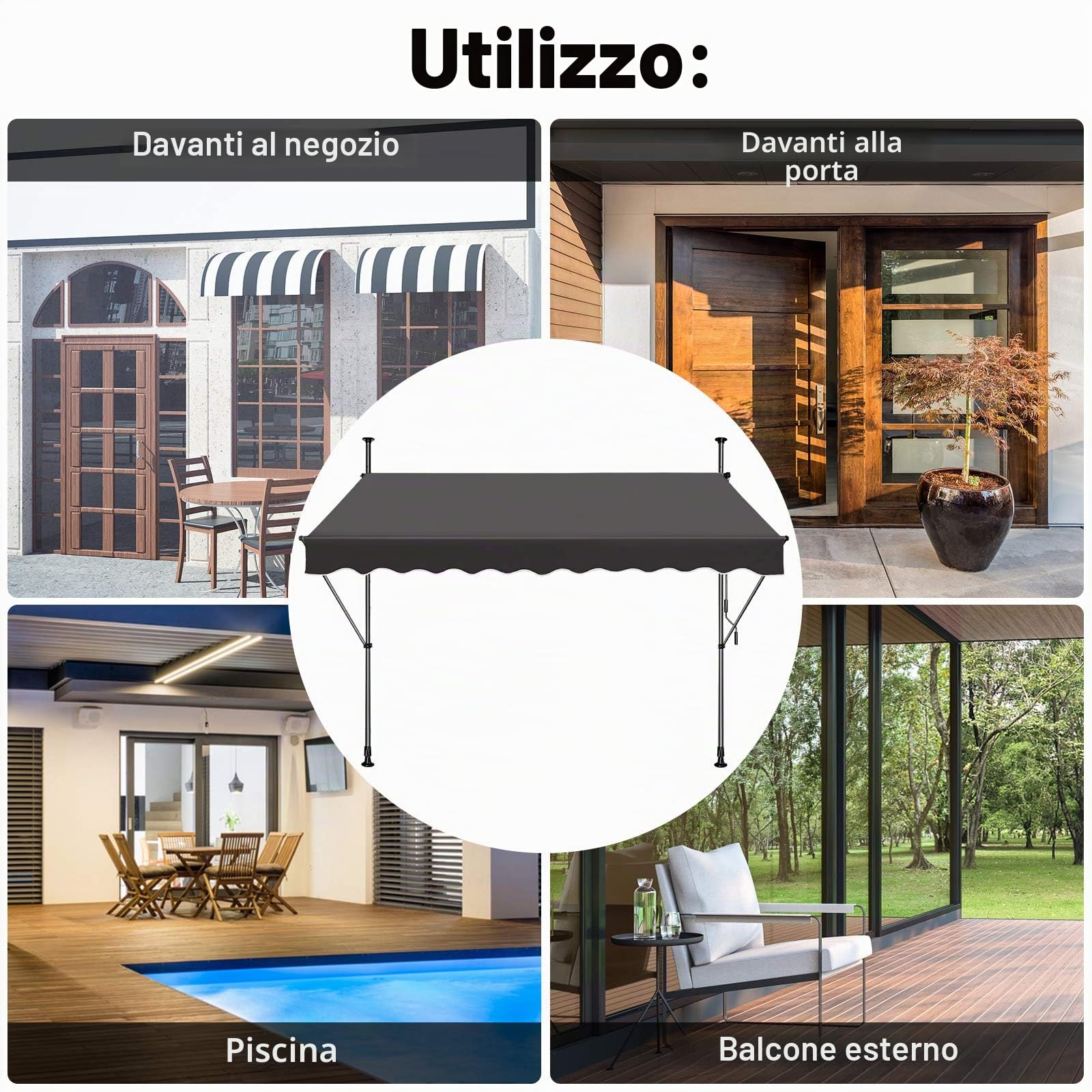 LZQ - Tenda da sole a clip per balcone, tenda retrattile manuale, manovella, regolabile in altezza, resistente ai raggi UV, senza fori, 100% poliestere, grigio scuro, 200 x 120 cm