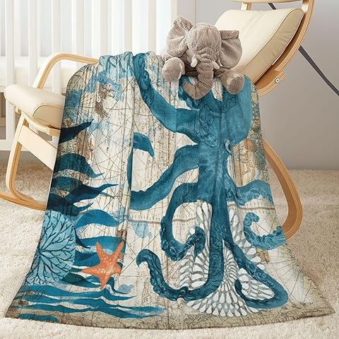 Blue Sea Octopus Nautical Map Fleece Throw Blanket Ultra Soft Cozy Ocean Animal Dec...