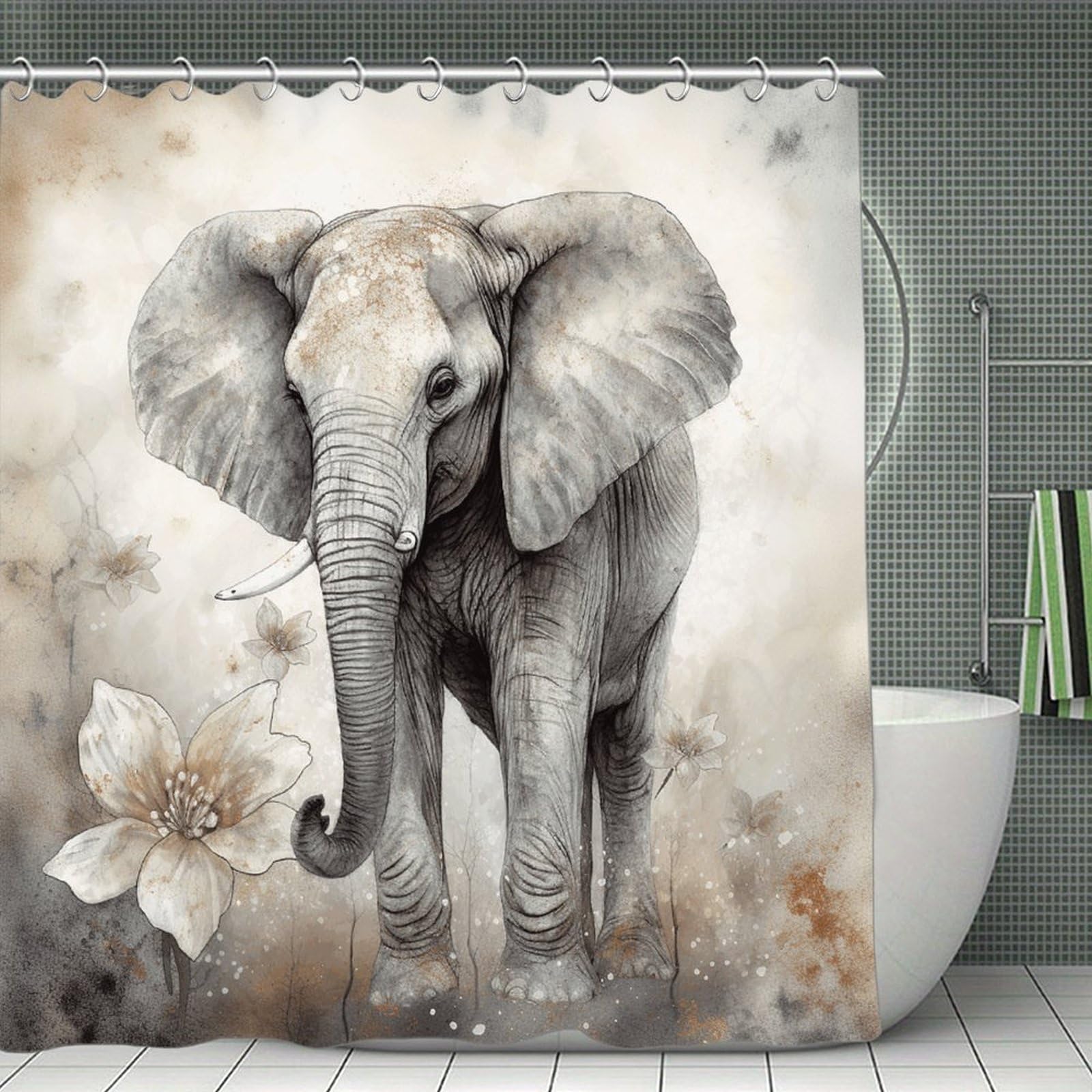 FekiLoot Animals Cute Elephant Shower Curtain Minimalist Aesthetic Bath Curtain with Hooks Simple Water Resistant Bathroom Shower Curtains Cute Blackout Privacy Curtains Cloth Curtain