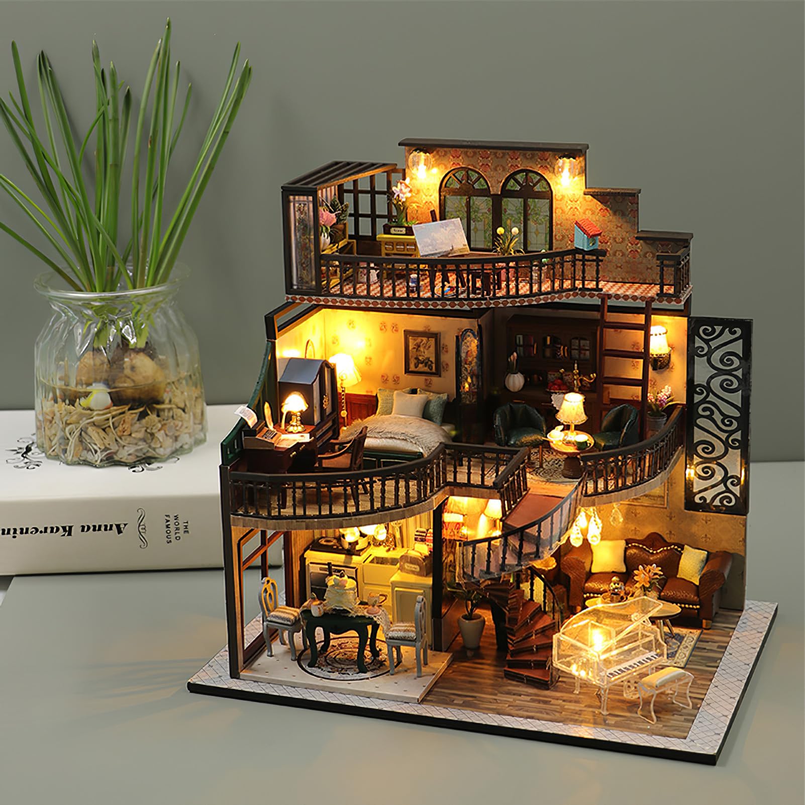 Miniaturowy zestaw domków dla dorosłych, mini budynek domku, miniaturowy zestaw DIY dla dorosłych, drewniany mini domek dla lalek na urodziny, Boże Narodzenie, trzypiętrowy retro loft