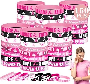 150PCS Breast Cancer Bracelets, Pink Ribbon Silicone Accessories for Women