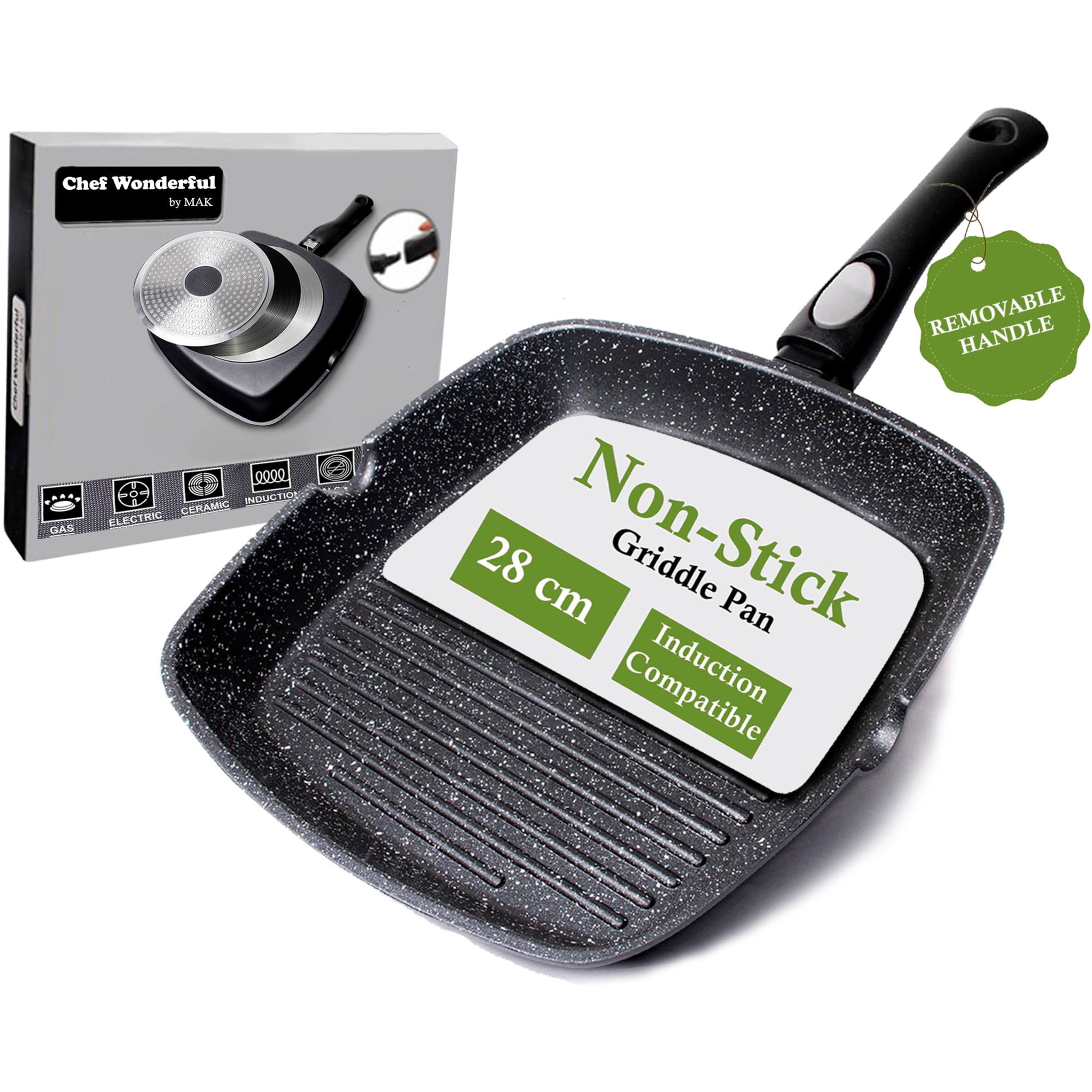 Sponsored Ad – Chef Wonderful Non-Stick (28cm) Griddle Pan for Induction Hob, Marble Coating & Detachable Handle. Aluminium Steak Pan for All Induction Hob. Suitable for Gas & Oven Grilling.