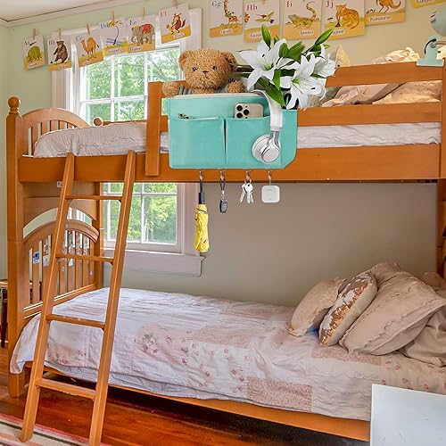 Miniatura 4 de Organizador de almacenamiento de mesita de noche, 5 bolsillos con 4 ganchos, bolsa de almacenamiento colgante para cabecerosliteras (verde claro)