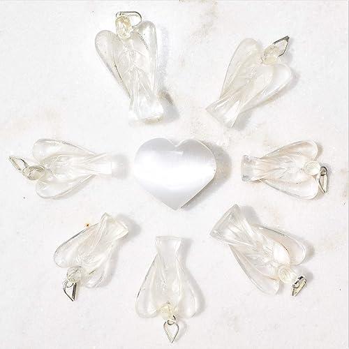 Miniatura 3 de Zenergy Gems Colgante de ángel de cristal natural tallado a mano con selenita cargado + cargador de corazón hinchado de bolsillo de selenita