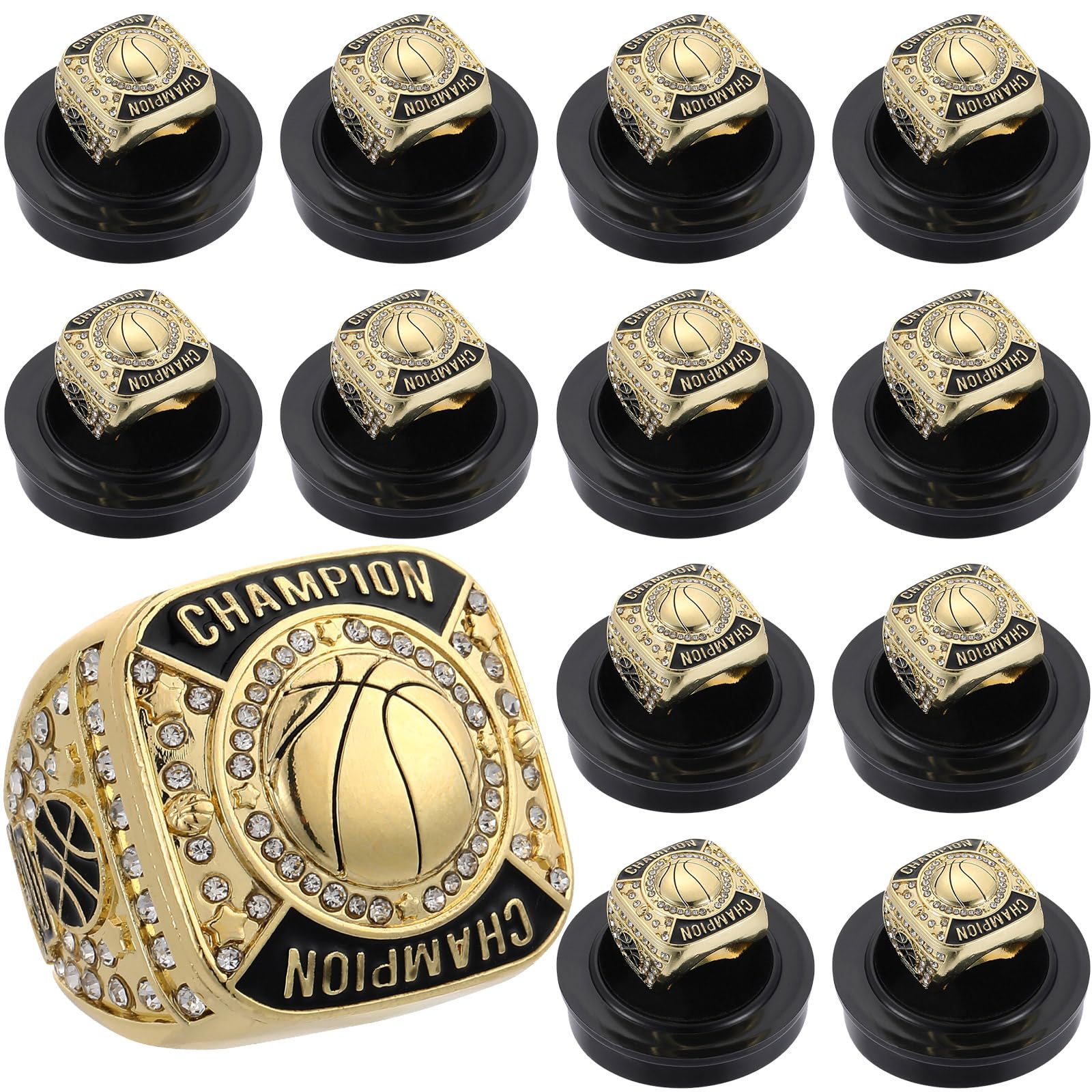 Remuuly 12 anillos de campeón de baloncesto, anillos de trofeo de campeón de baloncesto, premio de regalo con cadena para el cuello y soporte para torneo de baloncesto o ganador de campeones