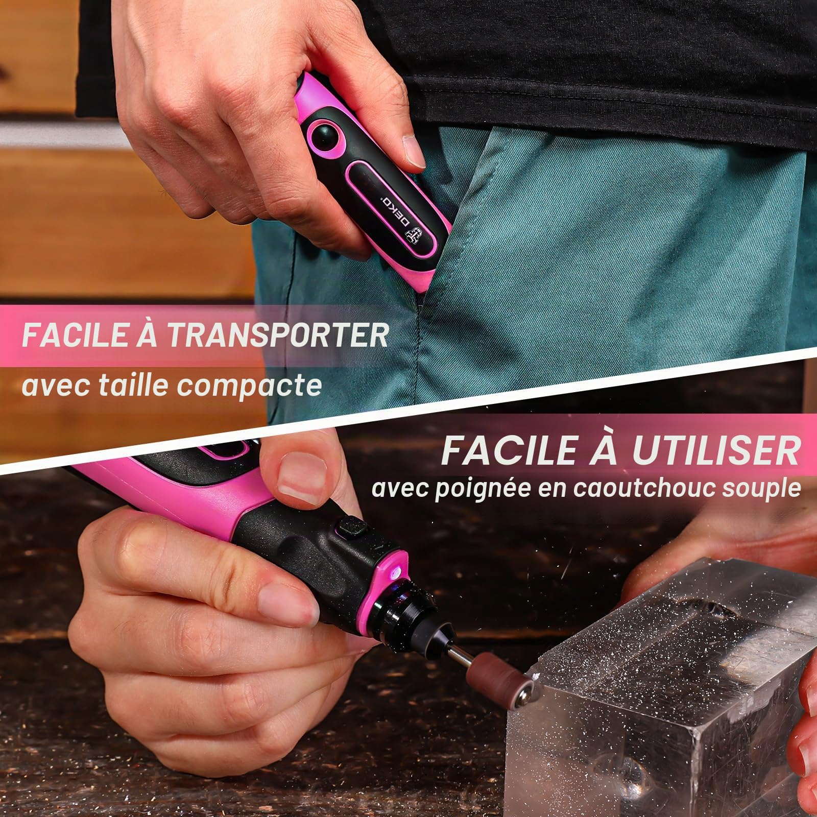 DEKOPRO Outil Rotatif Multifonction: 3.6 V Rose Mini Ponceuse pour les petits projets de bricolage,Meuleuse électrique avec 70 accessoires pour sculpter,couper,poncer,meuler,polir,graver