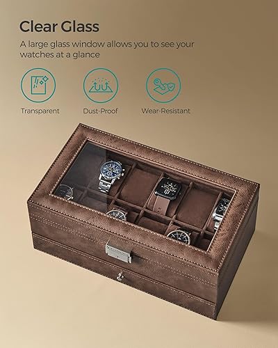 Vista 44 de SONGMICS Caja de reloj, organizador de 20 ranuras para reloj con tapa de vidrio grande, almohadas extraíbles, cerradura de metal, regalo para seres