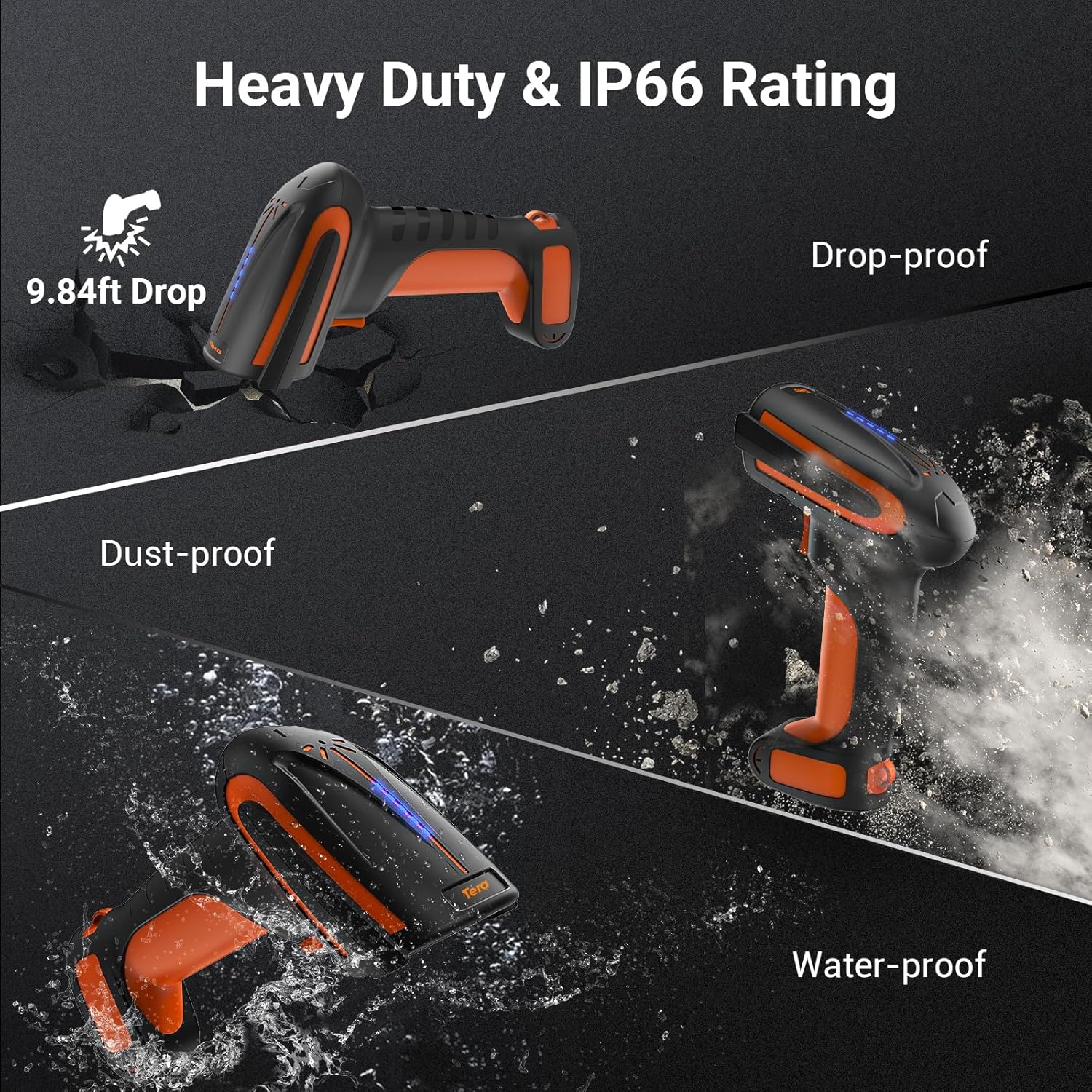 Images demonstrating the drop-proof, dust-proof, and water-proof capabilities of the Tera 8100Pro barcode scanner.