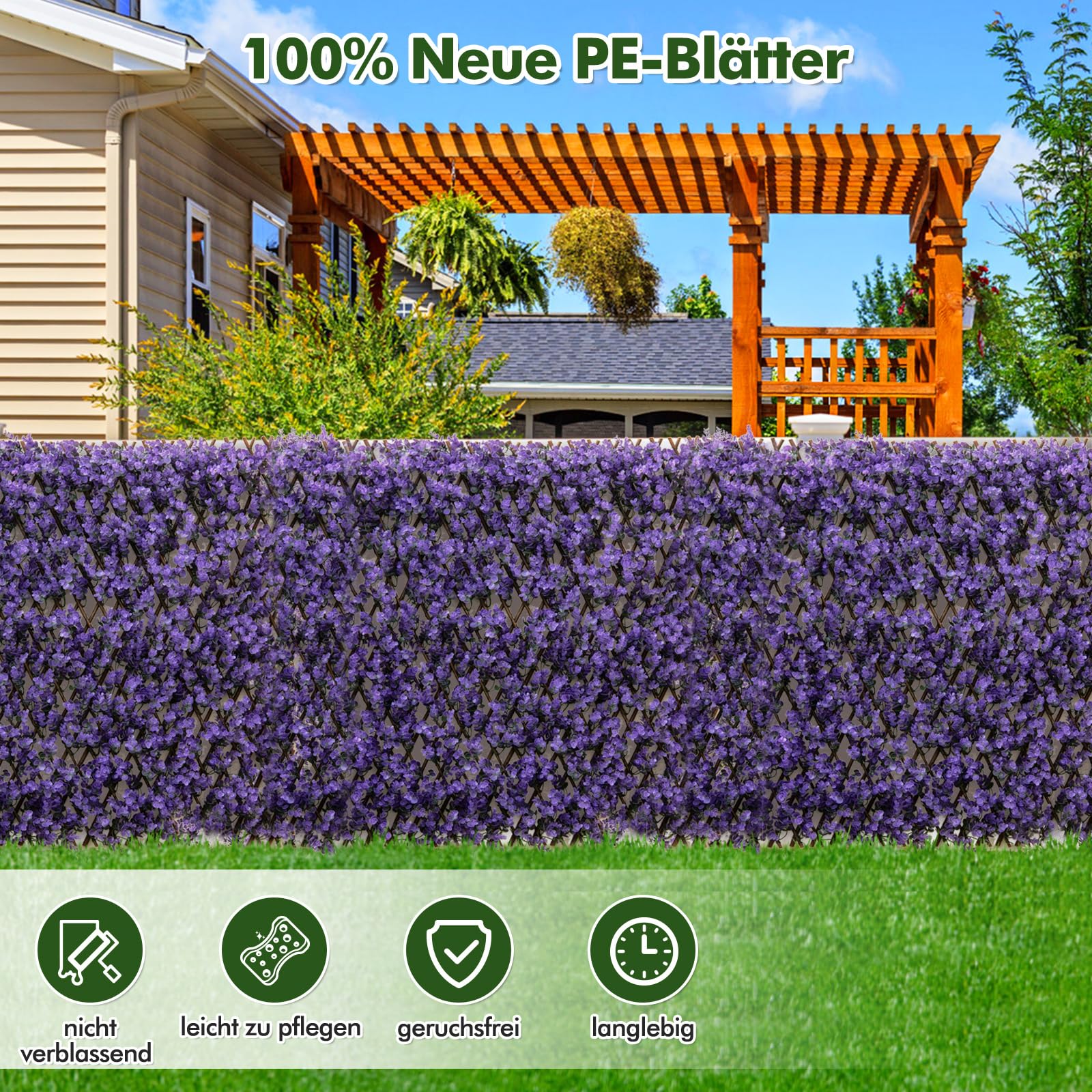 RELAX4LIFE erweiterbare Pflanzenwand, dekorativer Sichtschutzzaun aus künstlichem lila Eucalyptus, sonnenschützende deko Pflanzen Paneele für Garten & Balkon & Hauswand & Terrasen (Lila)