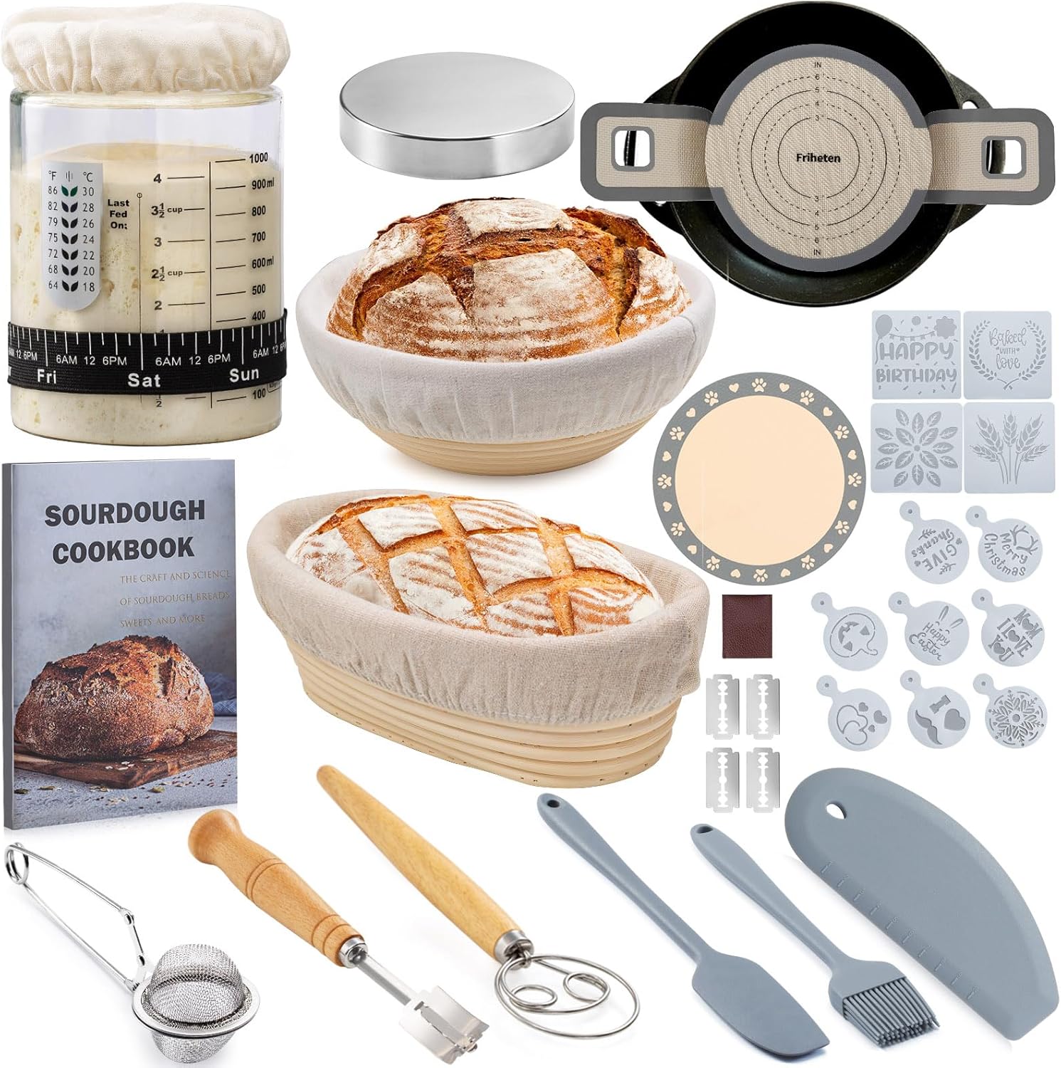 Sourdough Starter Kit,Sourdough Bread Baking Supplies,40oz Sourdough Starter Jar,Banneton Bread Proofing Basket Set with 9" Round & 10" Oval,Sourdough Bread Baking Tools