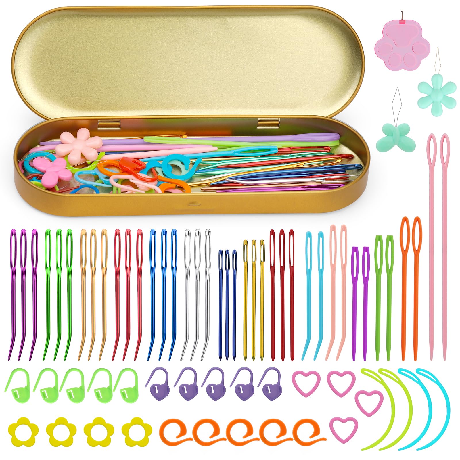 Juego de 70 agujas de hilo, kit de agujas de zurcir, kit de agujas romas de ojo grande con aguja de tapiz doblada, agujas de tejer agujas de coser de plástico, enhebradores de agujas de tejer,